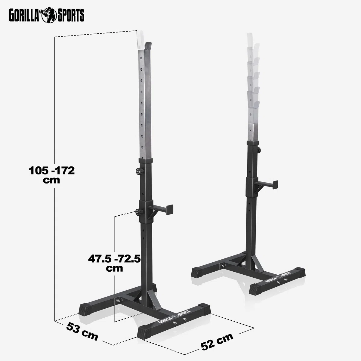 GORILLA SPORTS® Squat Rack – Verstellbar, 52 x 53 x 105–172 cm, Max. Belastbarkeit 500 kg, Schwarz – Langhantelständer, Langhantelablage, Power Rack, Stabiles Gestell, Hantelbank-Stütze, Halterungen