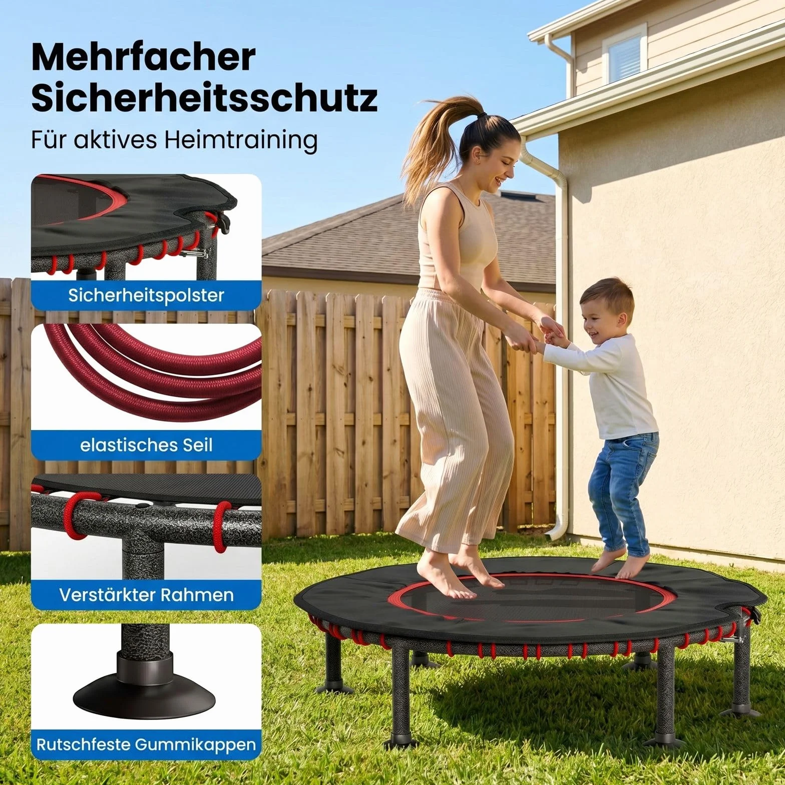 LIFERUN Ø102/122cm Fitness Trampolin Indoor mit Randabdeckung, bis 150kg, 3-stufiger Haltegriff, ohne Montage, geräuscharme Gummiseilfederung, für Erwachsene und Kinder, für drinnen und draußen