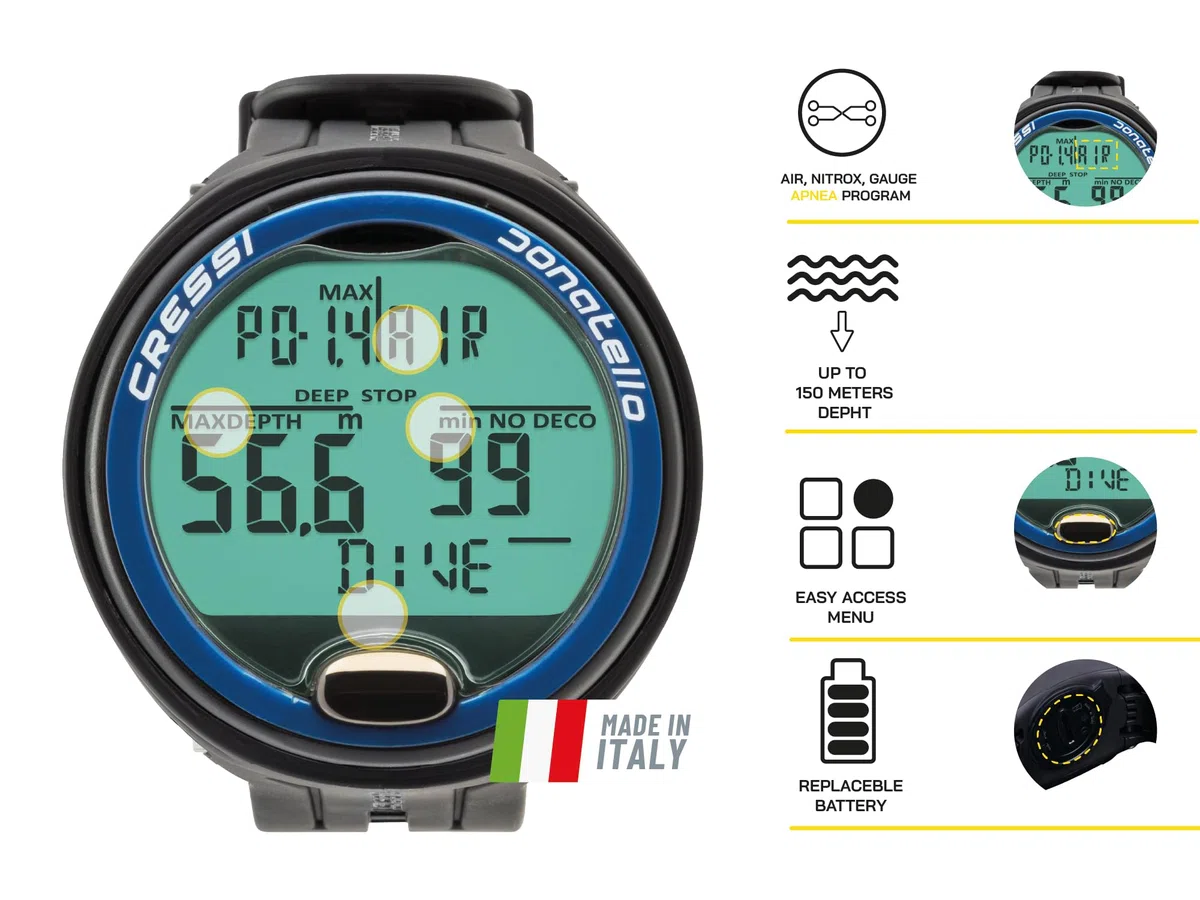 Cressi Donatello Tauchcomputer – Luft- und Nitrox-Modus, Apnoe- und Gauge-Modus – 150 Meter wasserdicht, Hochkontrast-Display – Benutzerwechselbare Batterie, Deep Stop, CNS-Sauerstoffanzeige