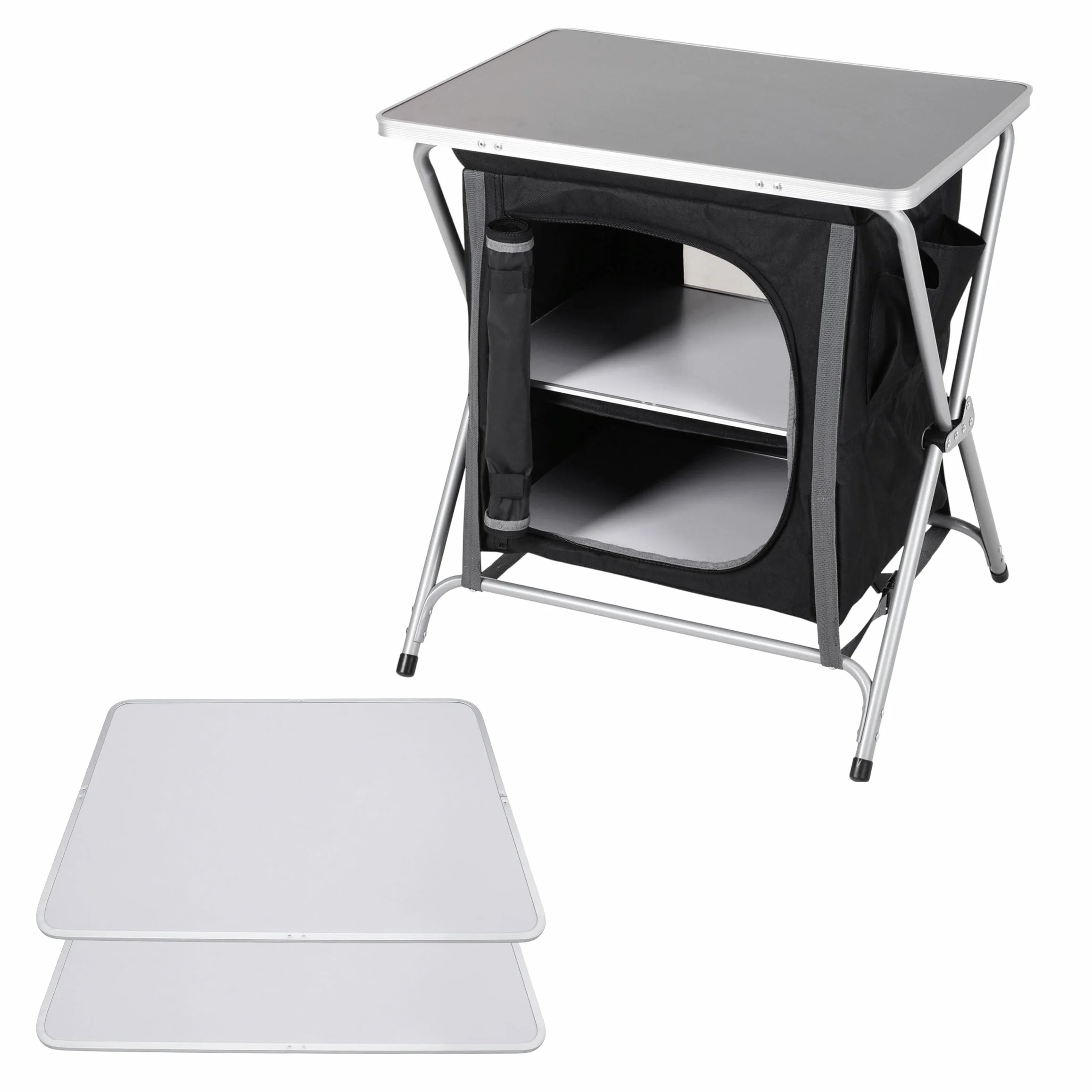 Spetebo Alu Campingschrank Faltbar - 64x60x45cm - Camping Faltschrank Campingtisch Mehrzweckschrank Küche Vorzelt Zubehör - Grau/Schwarz