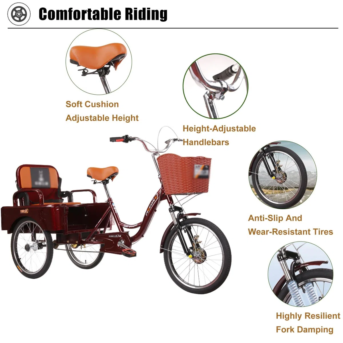 Dreirad Erwachsene Fahrrad für Transport von Passagieren und Ladung, 20-Zoll-Dreirad für Männer/Frauen/Senioren, höhenverstellbares Cruiser-Fahrrad für Radfahren/Ausflüge