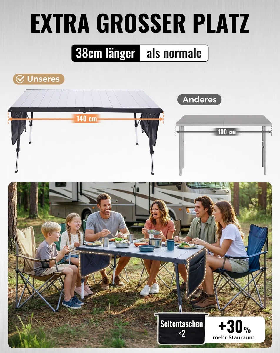 KingCamp Campingtisch Klappbar Extra Groß Höhenverstellbar, 140x70cm 48-70cm Mit Aufbewahrungstaschen, Leicht & Stabil Für Garten, Balkon & Outdoor