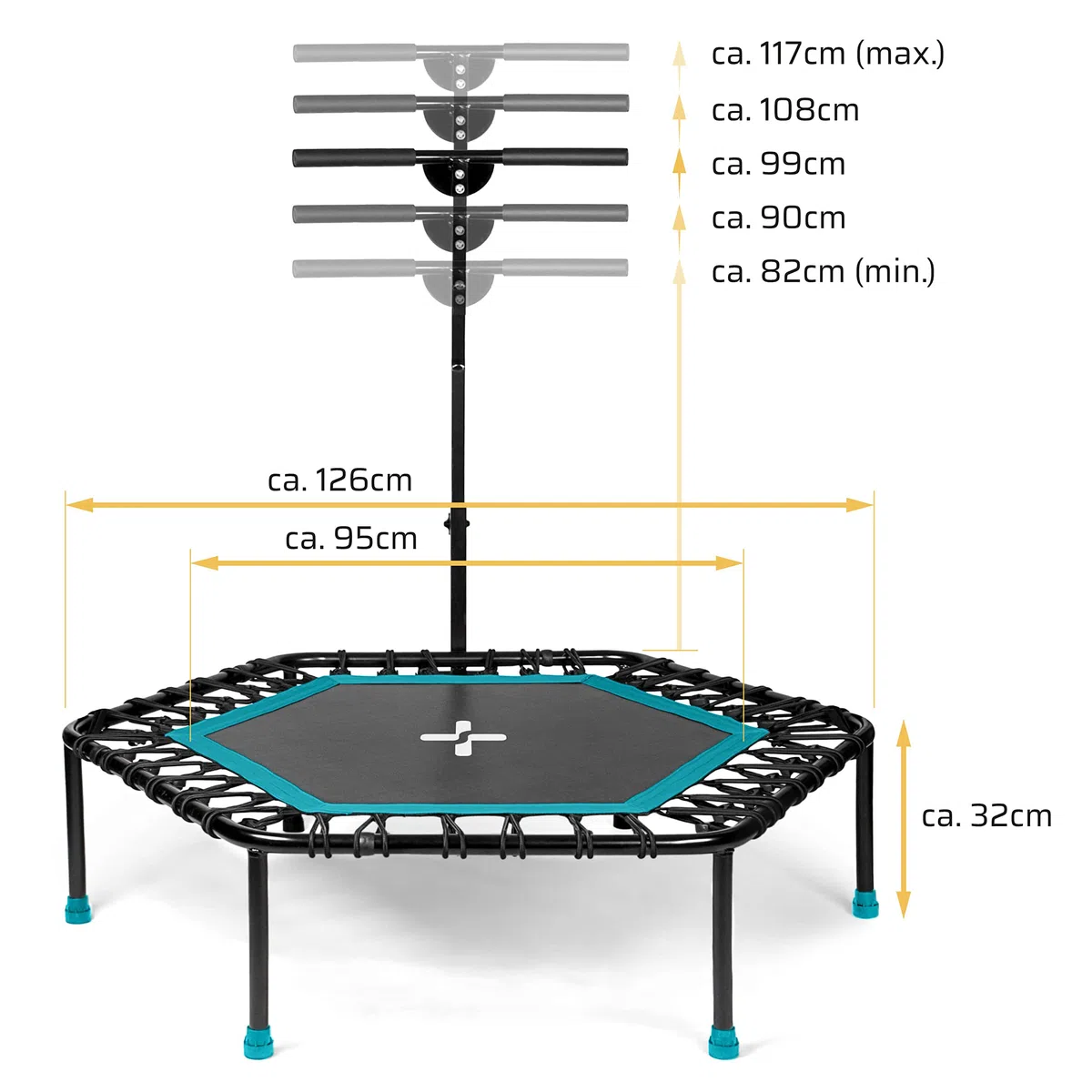 SportPlus Fitness Trampolin Indoor für Zuhause, Trampolin mit Haltestange höhenverstellbar, Gummiseilfederung, Workout & Cardiotraining, Premium-Qualität Designed in Germany 130kg