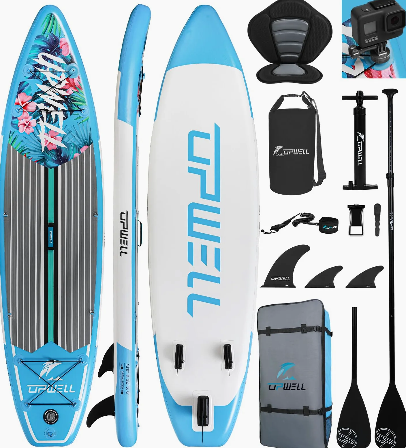 UPWELL Premium Stand Up Paddling Board Aufblasbar, SUP Board Set mit Sitz, 204kg Tragkraft für 2 Personen, Komplettes Zubehör inkl. Verstellbarem Paddel für Anfänger