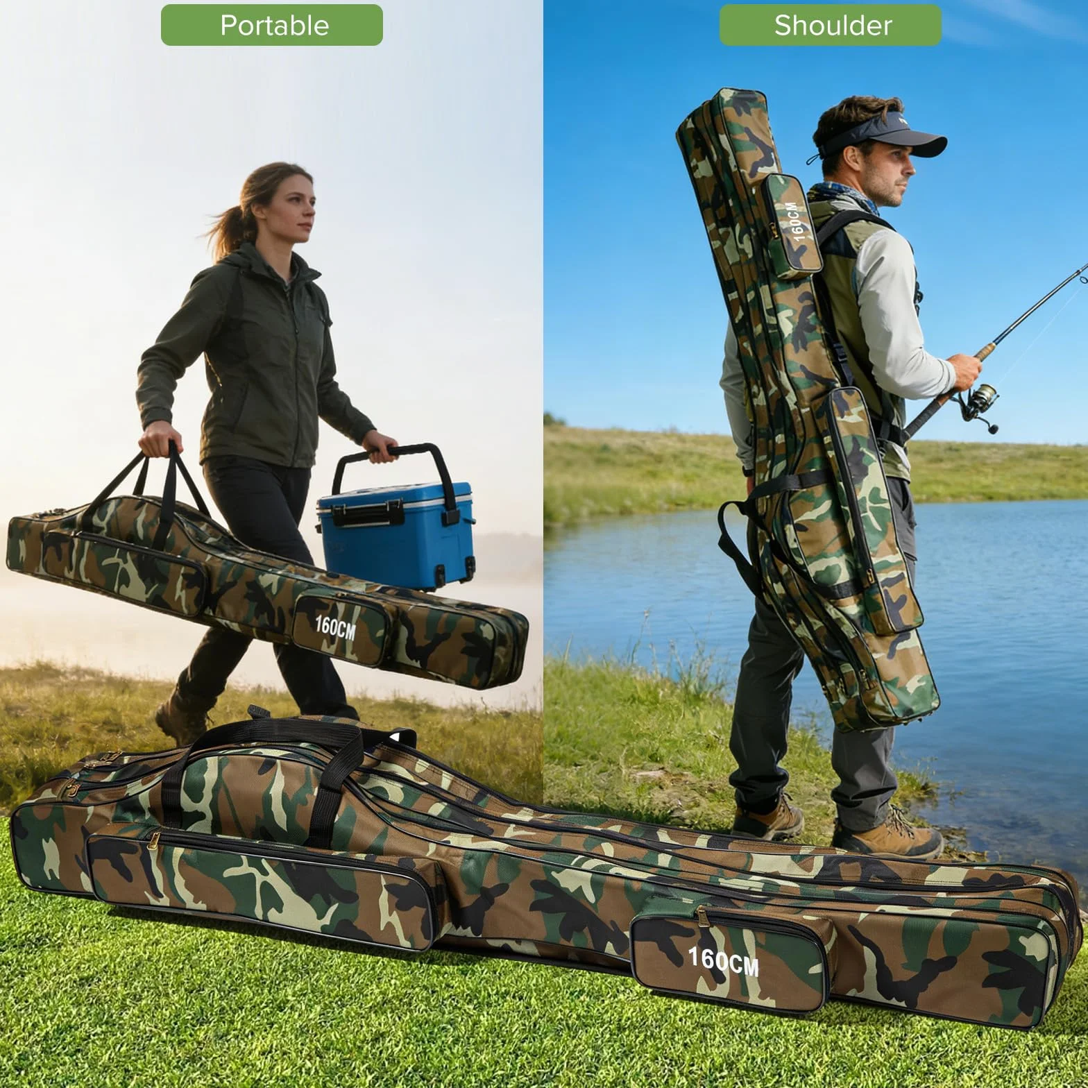 Tragbare Angelrutentasche aus Canvas, 160 cm verstellbare doppellagige Angeltasche Tragetasche für Angelrollen Werkzeug Ruten und Zubehör, ideal zum Angeln, Campen und Wandern