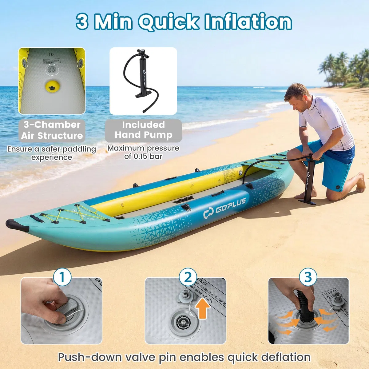 FANTASK kajak aufblasbar, Schlauchboot 2 Personen mit Aluminiumrudern, aufblasbares Kanu gepolstertem Eva-Sitz, Handpumpe & Reparaturset, Kayak 230 kg Gewichtskapazität mit Tragetasche (Türkisblau)