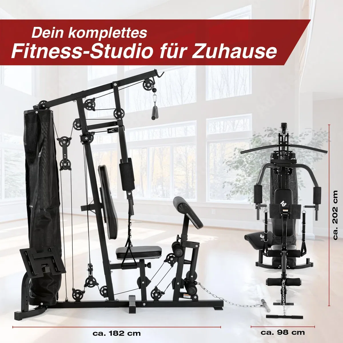FitEngine Kraftstation | Multifunktions-Homegym für den ganzen Körper | Gewichte bis zu 67 kg einstellbar, mit Latzugstange, Beinpresse, Bizepscurl-Polster u.v.m. | Hochwertiges Stahlmaterial