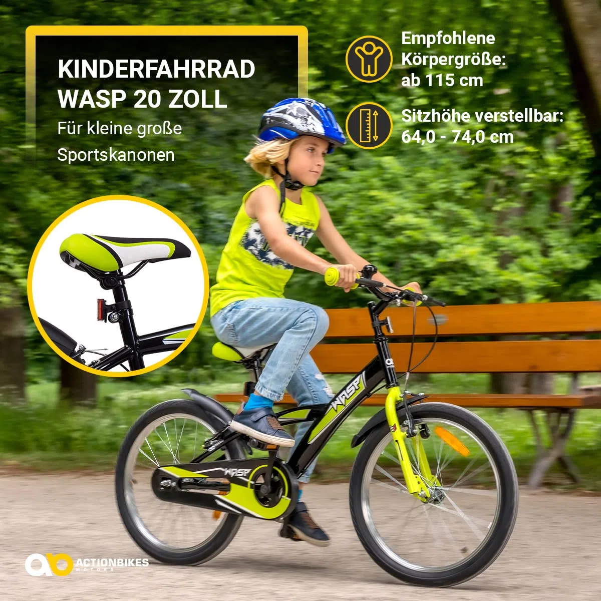 Actionbikes Kinderfahrrad Wasp | 20 Zoll - V-Brake Bremsen - Fahrrad für Kinder von 6-9 Jahren - Schutzblech v. / h - Kinder Fahrrad für Mädchen & Jungen - Fahrräder - Bicycle - Kinderrad - Bike