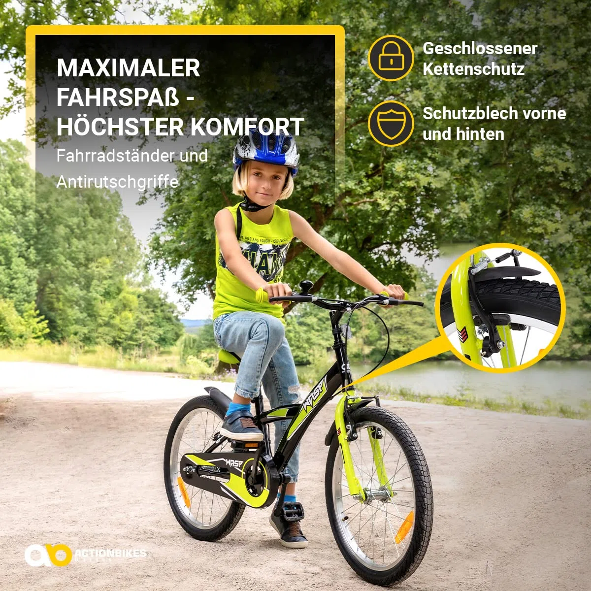 Actionbikes Kinderfahrrad Wasp | 20 Zoll - V-Brake Bremsen - Fahrrad für Kinder von 6-9 Jahren - Schutzblech v. / h - Kinder Fahrrad für Mädchen & Jungen - Fahrräder - Bicycle - Kinderrad - Bike