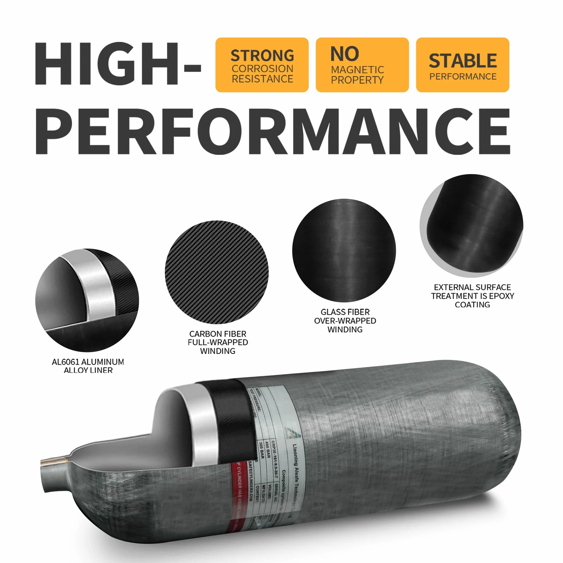 TUDIVING 4500Psi Kohlefaser-Tauchflasche (Nicht DOT-Zertifiziert) 9L 549Cu in 9000CC Hochdruck-Verbundzylinder, Tauchflasche für Schnorcheln und Wassersport