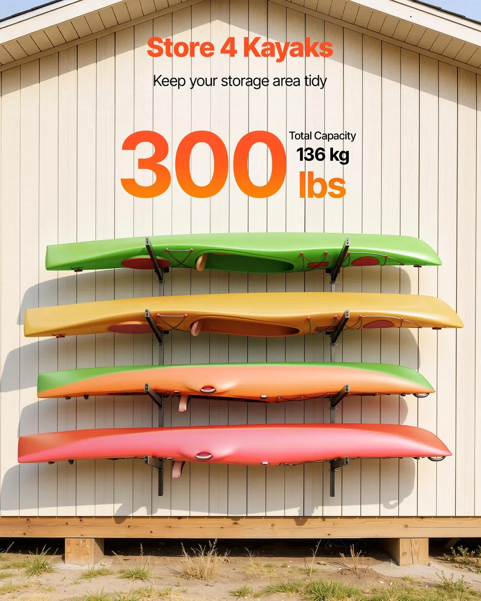 VEVOR Kajak-Aufbewahrungsregal Wandhalterung für 4 Kajaks/Kanus/Surfbretter/Paddleboards/Kleine Boote, Kajakständer mit 136 kg Tragkraft, Einstellbarer Kajakhalterung Lagergestell für Garage Steg