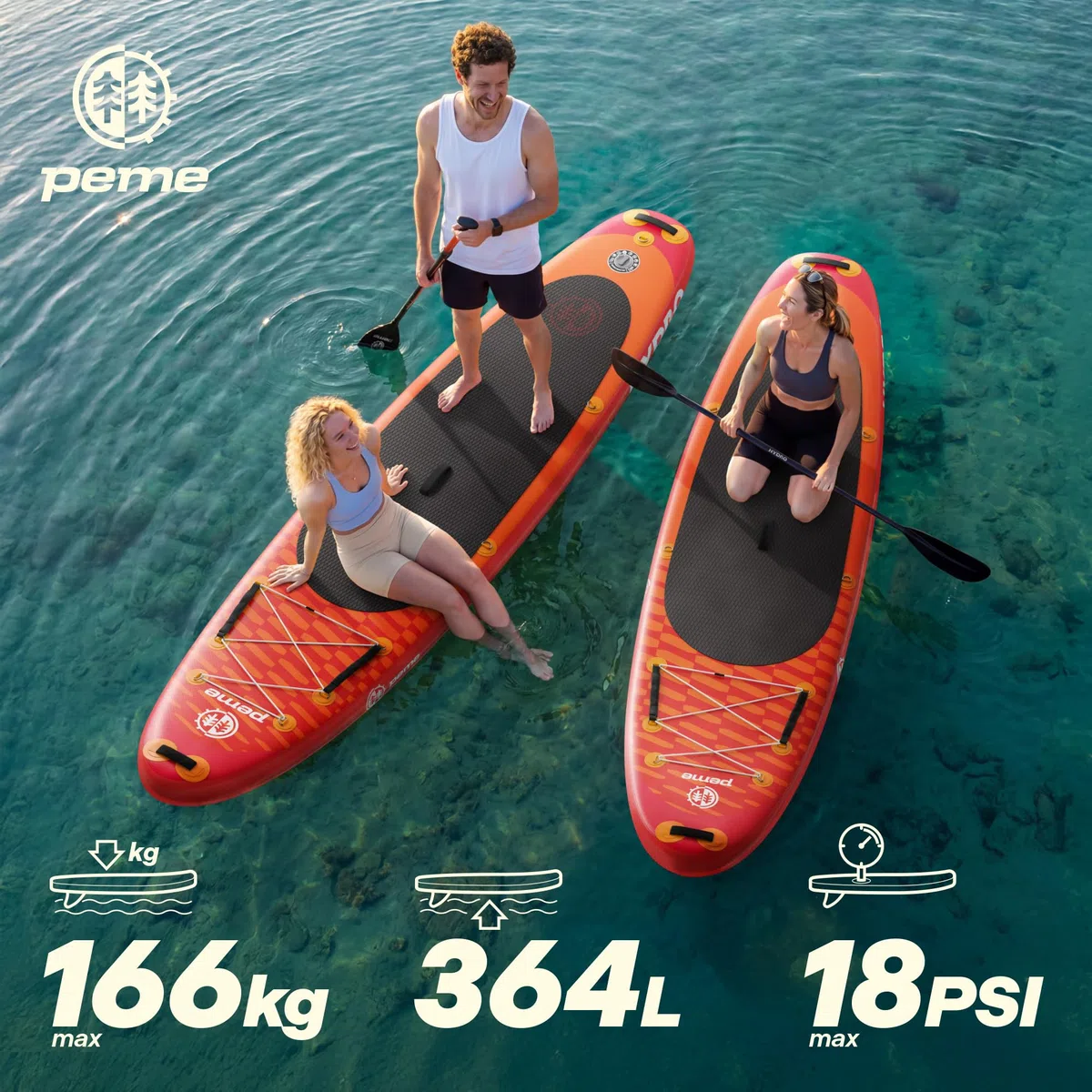 peme Stand Up Paddling Board SUP Paddle Standup Sub Surfbrett mit Zubehör Surfboard Paddelboot für Wassersport bis 150/166 kg Allround Paddleboard Supboard und Doppelpaddel – Hydro 320 350 cm