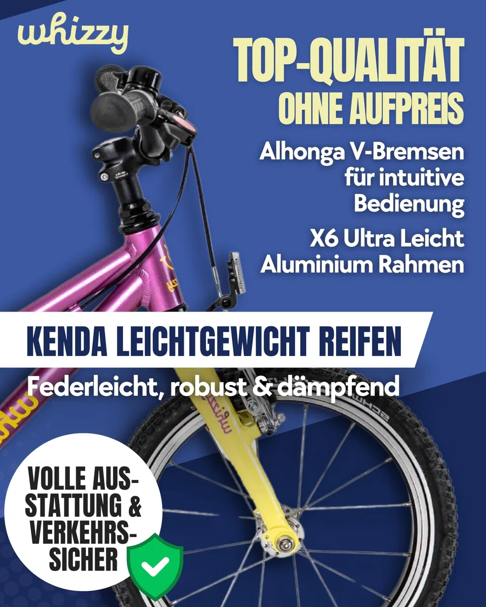 whizzy JuniorCruiser Kinderfahrrad 16 Zoll I Stilvolles Fahrrad für Kinder ab 3,5 Jahren I Höhenverstellbares Mädchen- & Jungen-Fahrrad I 6,5 kg leichtes Mountainbike mit ergonomischem Sattel