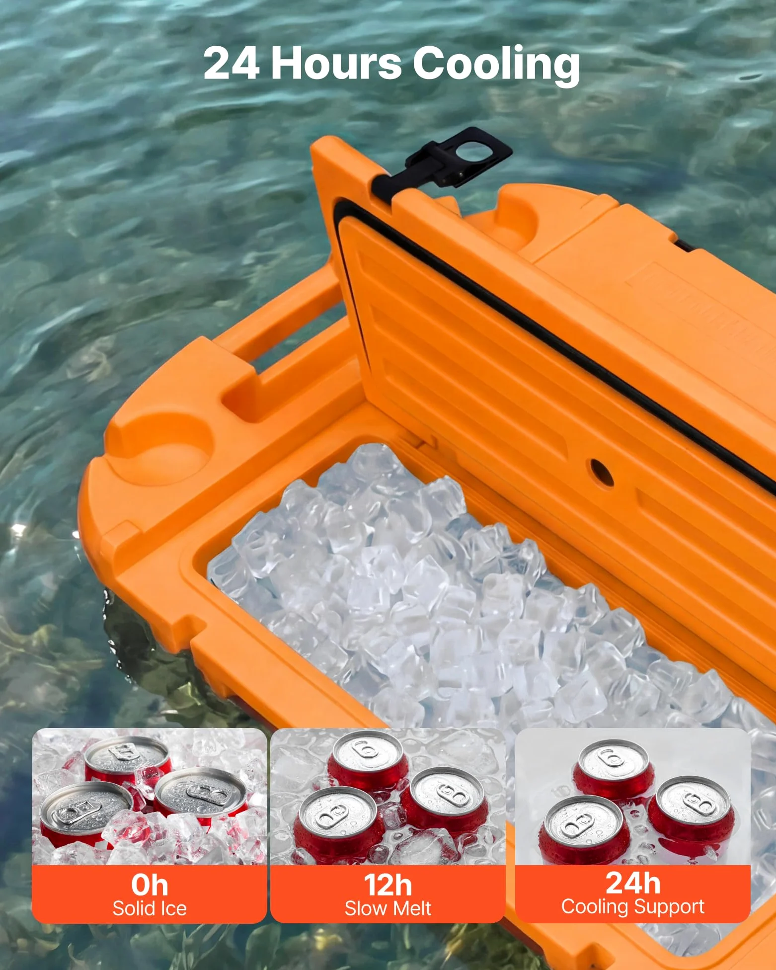 VEVOR Amphibischer Schwimmender Kühler, 37,9 L Schwimmender Getränkekühler mit Trockenfach Rädern Zugseil für Wasser & Land, Kippstablier Kühlbehälter aus LLDPE für Pool Fluss Seen Strand Meer, Orange