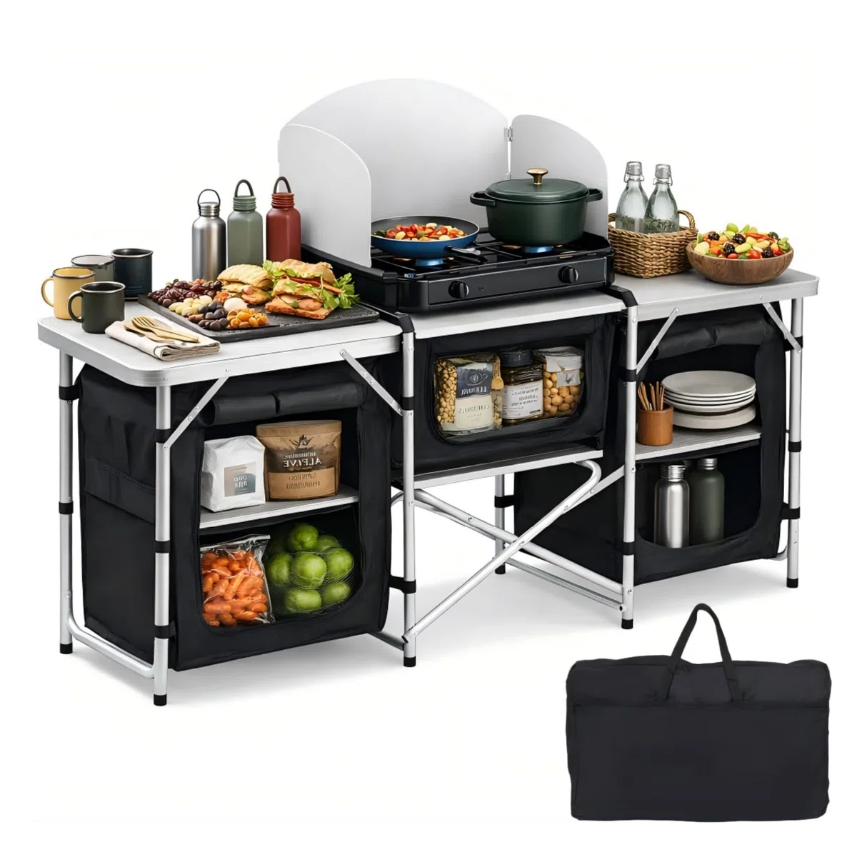 Daromigo XXL Campingküche faltbar, 3 Arbeitsflächen & 5 Fächer – Mobile Outdoor Kochstation mit Windschutz & Tasche, Großer Campingschrank stabil für Familien, Grillen & Wohnmobil
