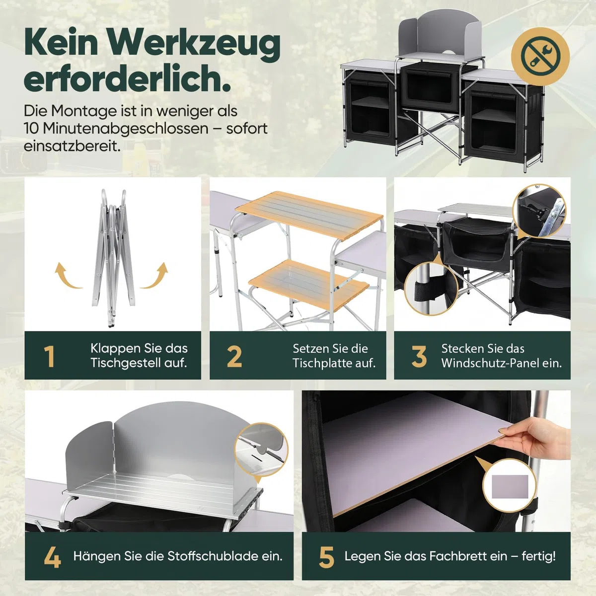 Sekey Campingküche Faltbar, Campingschrank mit Arbeitsplatte und Staufächern, Outdoor Küchenschrank mit Aluminiumgestell, Ink. Tragetasche, Mobile Schränke für Outdoorküche, Vorzelt, Wohnwagen