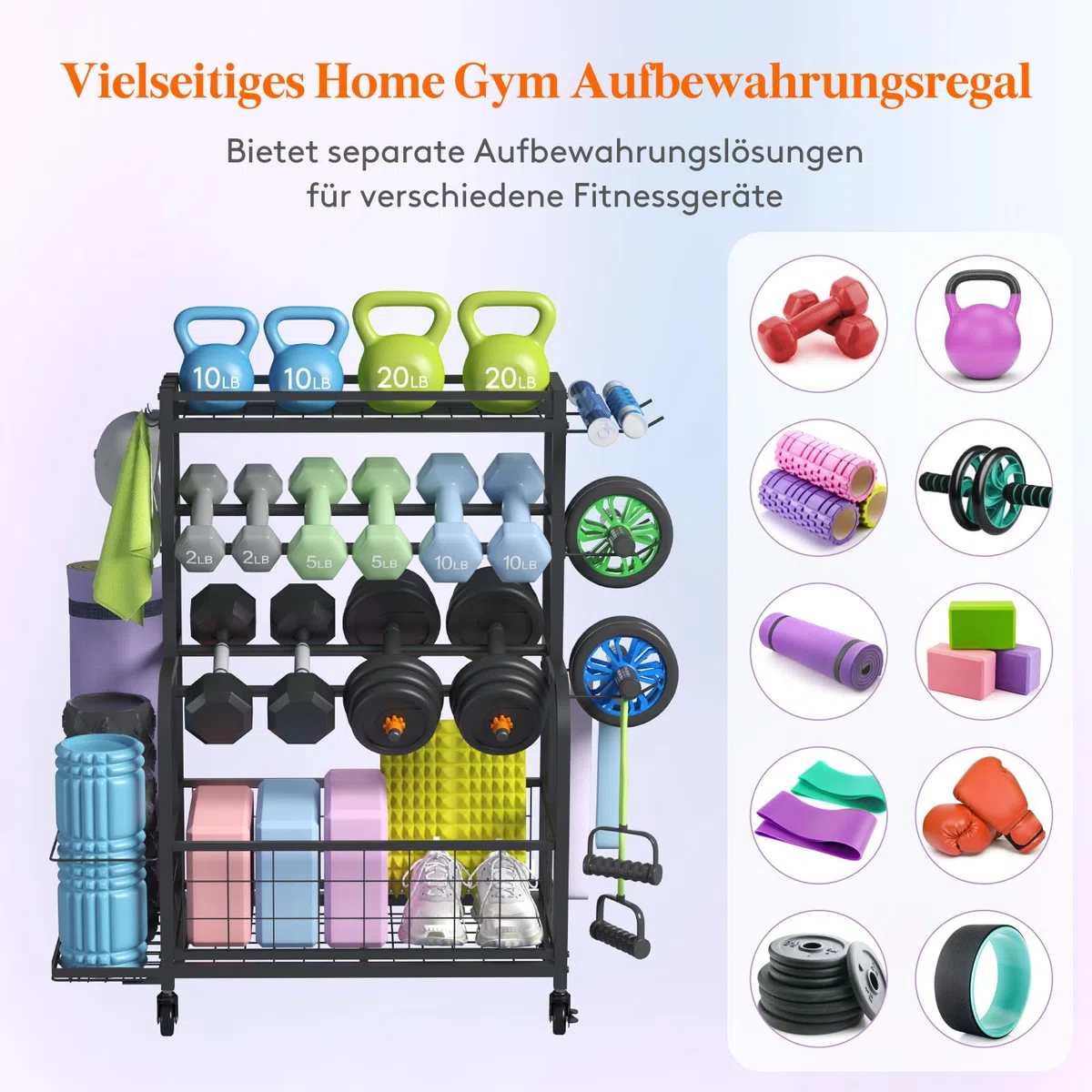 Lifewit Hantelständer für Home Gym, Hantelablage mit Abschließbare Universal-Räder und Haken, Kettlebell Rack, Yoga-Mattenhalter, Hantelregal für Krafttraining, Gewichtsregal für Haus, Garage, Mittel