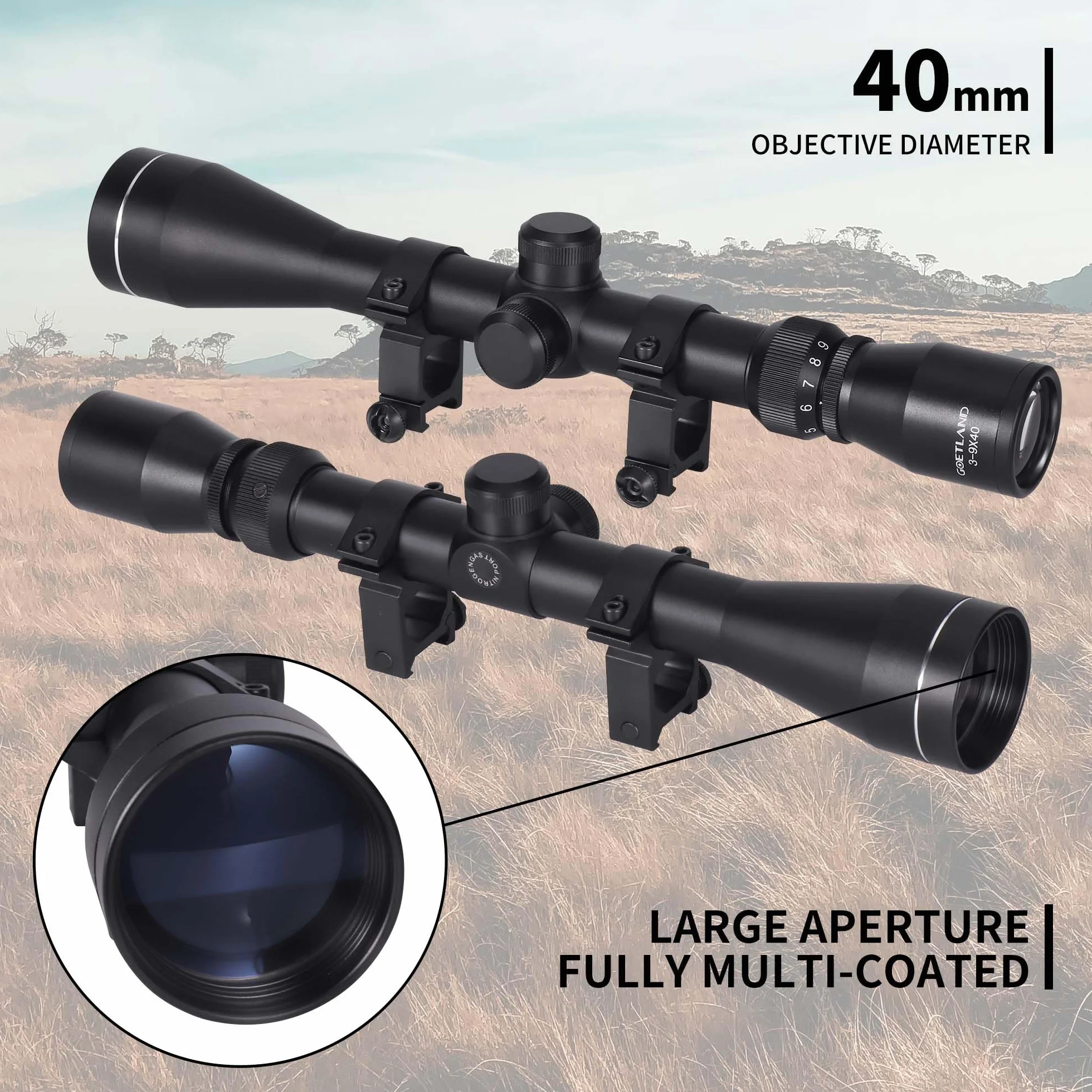 Goetland Gewehr Zielfernrohr 3-9x40 Airsoft Crosshair Optik R4 Absehen mit Montage Ringe SFP für Taktische Jagd Luftgewehr Sportschützen
