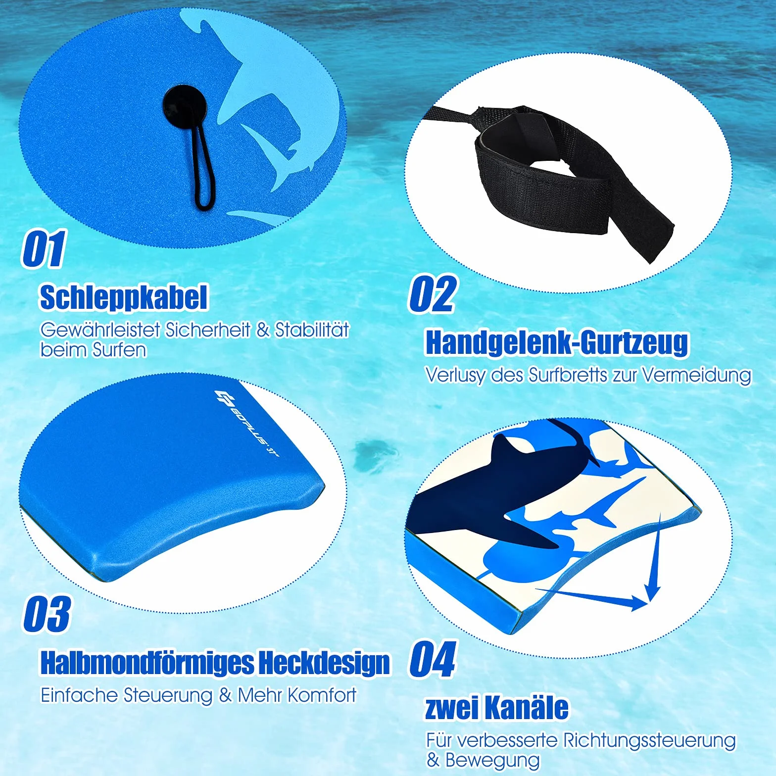 RELAX4LIFE Schwimmbrett tragbar, Schwimmboard mit Halteleine, Rutschfestes Surfbrett für Kinder & Erwachsene, Hohe Belastbarkeit, Bodyboard Shortboard, XPE HDPE