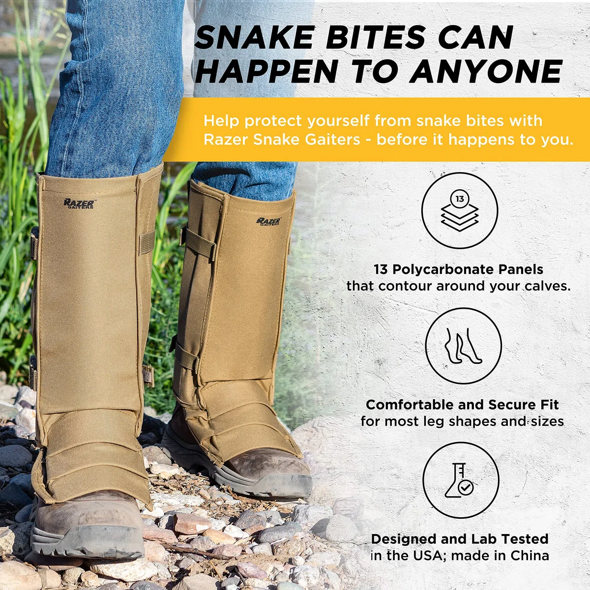 Razer Snake Gaiters for Hiking, Hunting - Snake Bite Protection Guards for Legs with Carry Bag, Heavy Duty, Adjustable Lightweight Flexible Design fits Men, Women - Lab Tested in USA