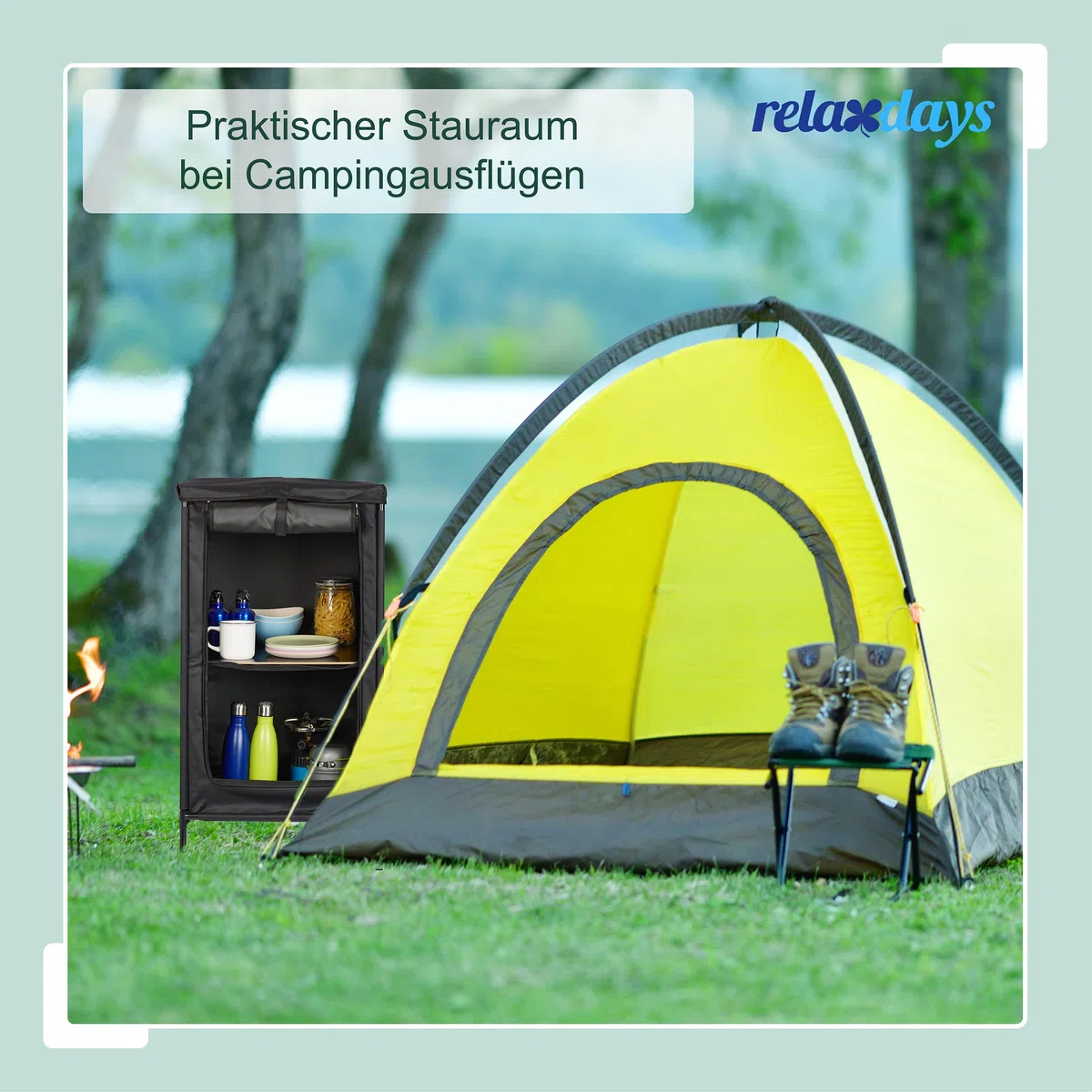Relaxdays Campingschrank, 2 Ablagen, HxBxT: 87 x 47,5 x 47,5 cm, Stoff & Metall, Campingregal, Stauraum im Vorzelt, grau