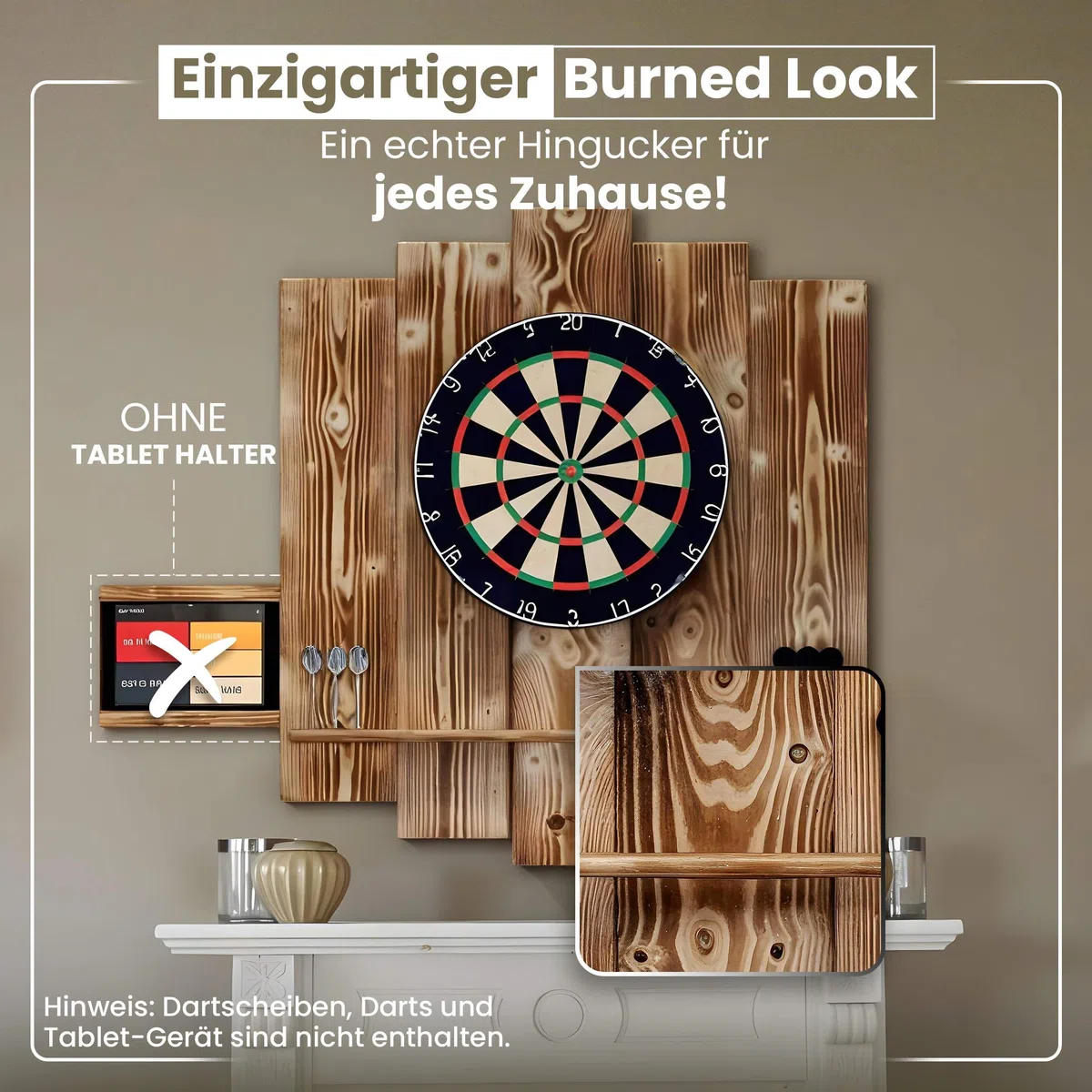 Wooden Dartboard Surround | Premium Dart-Wandschutz & Tablet-Halter (Optional) | Geflammter Burned Look oder Color Design (Catchring, Dart Umrandung, Backboard)