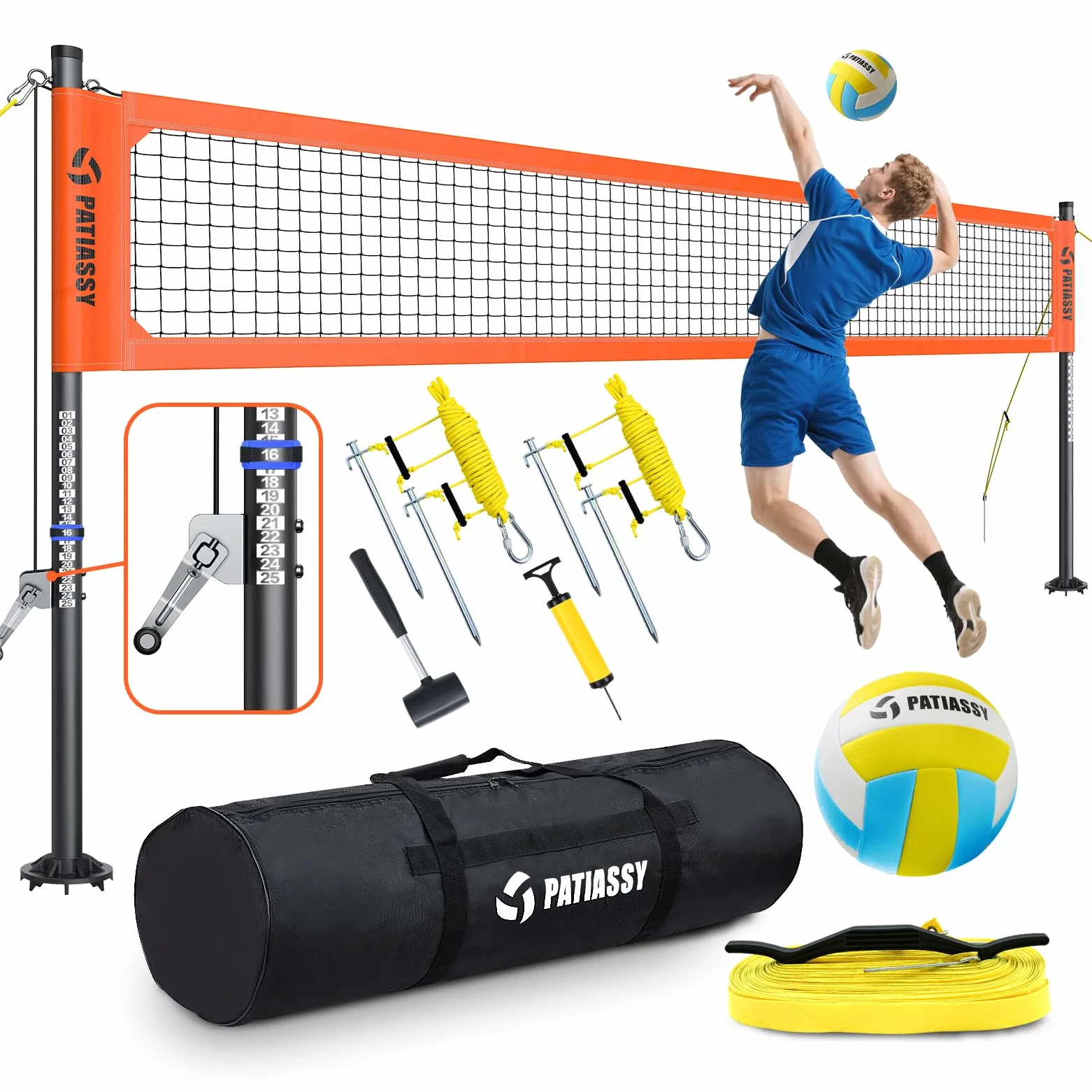 Professionelles Volleyballnetz für den Garten Höhenverstellbar Anti-Rost Beschichtung PU Volleyball 9,75m*1m