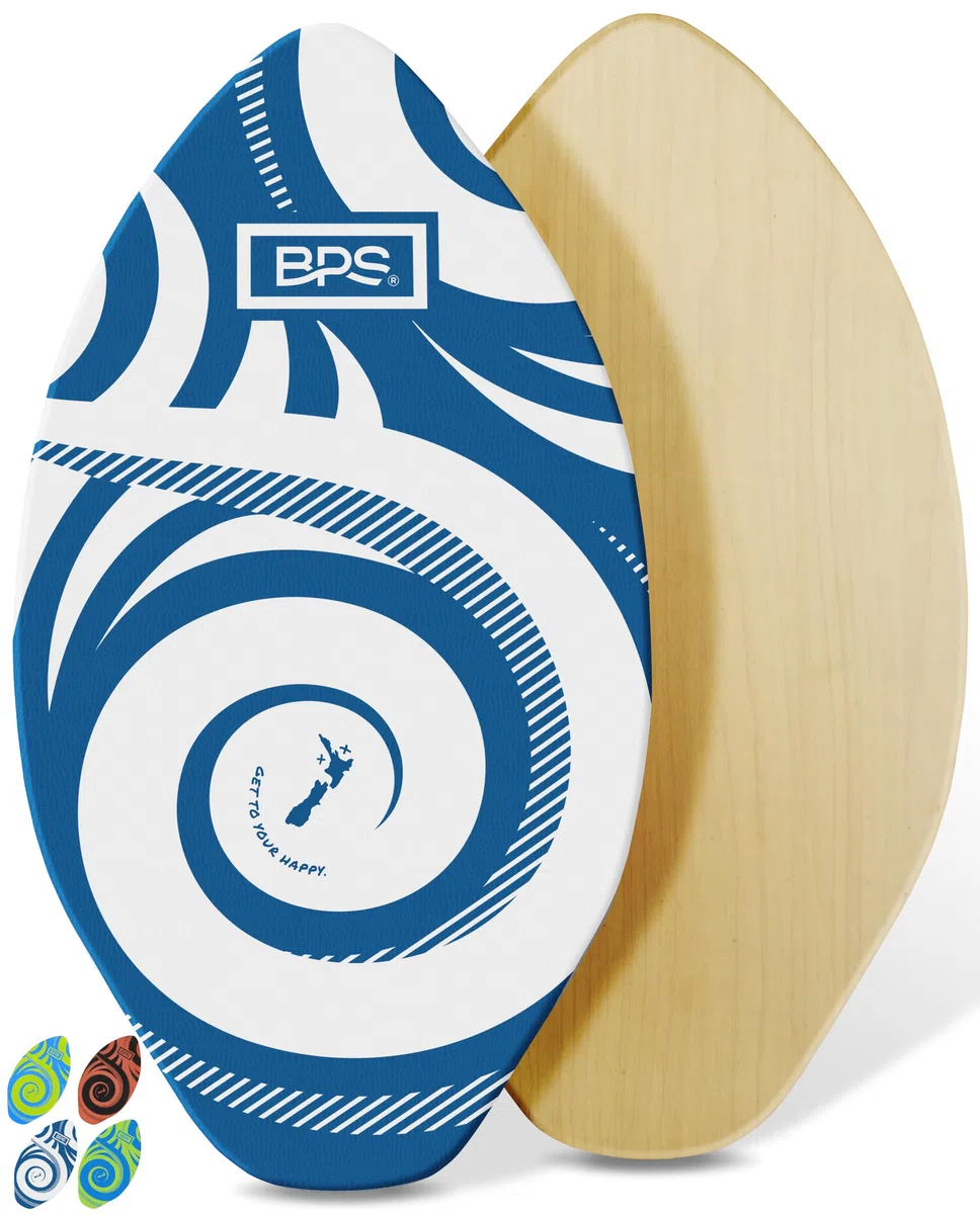 BPS New Zealand 'Koru' Skimboard mit farbigem Eva-Griffpolster und hochglänzendem Klarlack aus Holz für Kinder und Erwachsene, wählen Sie aus 3 Größen und Farbe des Traktionspads