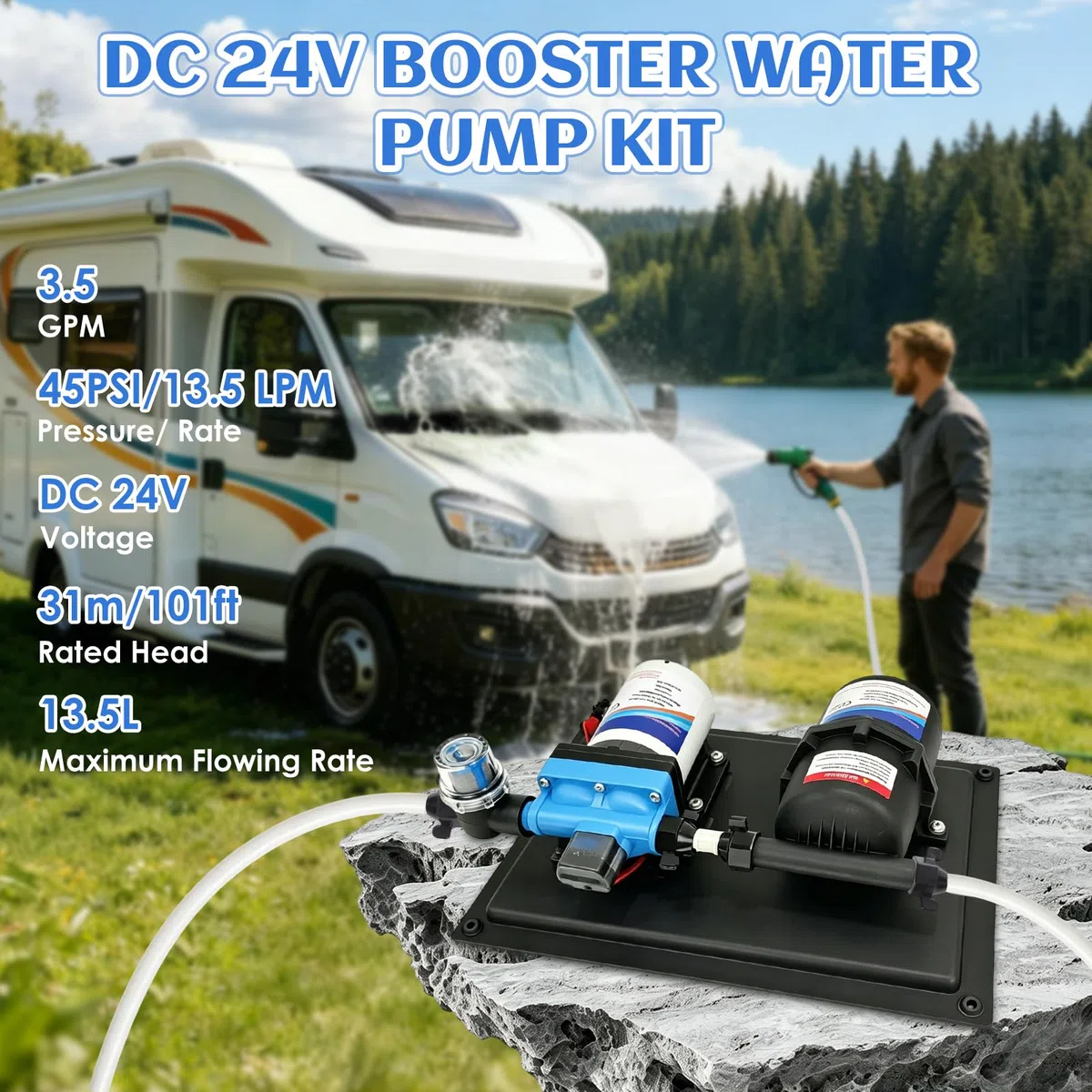 Buachois Wasserpumpen, DC 24V RV Wasserpumpenset, 36.9 * 25.9cm Druckpumpe, 45PSI/13.5 LPM Wohnmobil Pumpendrucktank Selbstansaugende Membranpumpe mit Eingebautem Druckschalter für Bootsanhänger