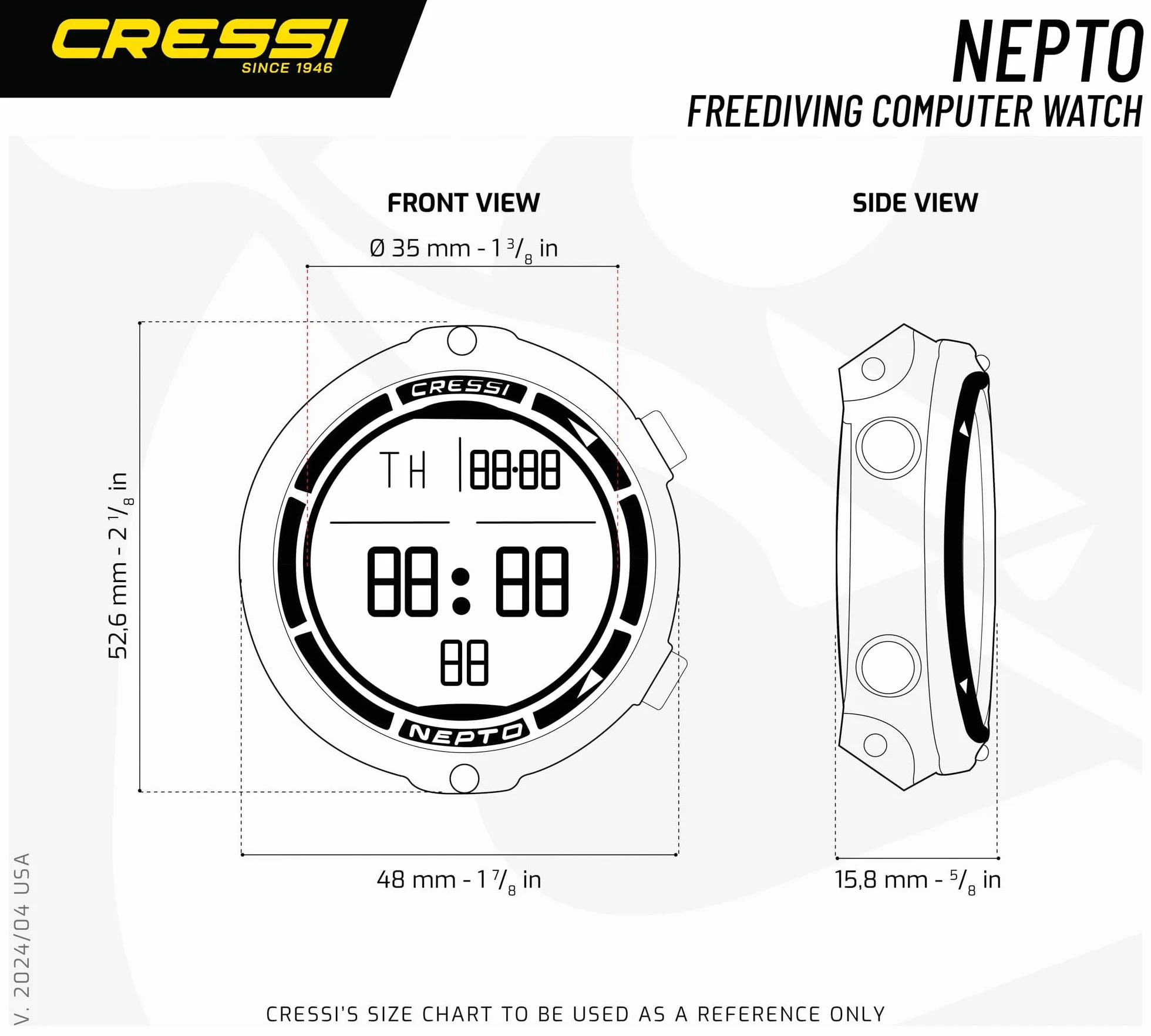 Cressi Nepto Apnoetauchcomputer Armbanduhr – Hergestellt in Italien – Taravana- und Lungenödemschutz – Hochkontrast-Display, 120 Meter wasserdicht – Lange Batterielaufzeit, Gezeitenanzeige