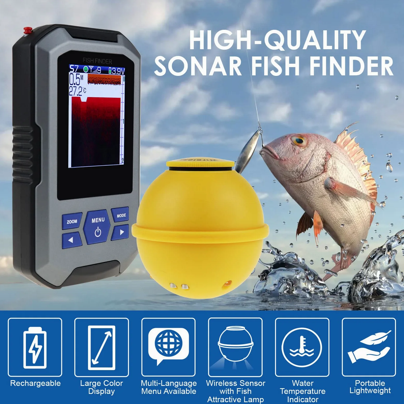 Fischfinder Wireless Sonar Sensor 125kHz Frequenz 45 Meter / 147 Fuß, Tragbarer Fish Finder mit Tiefenalarm Funktion und großes LCD-Display