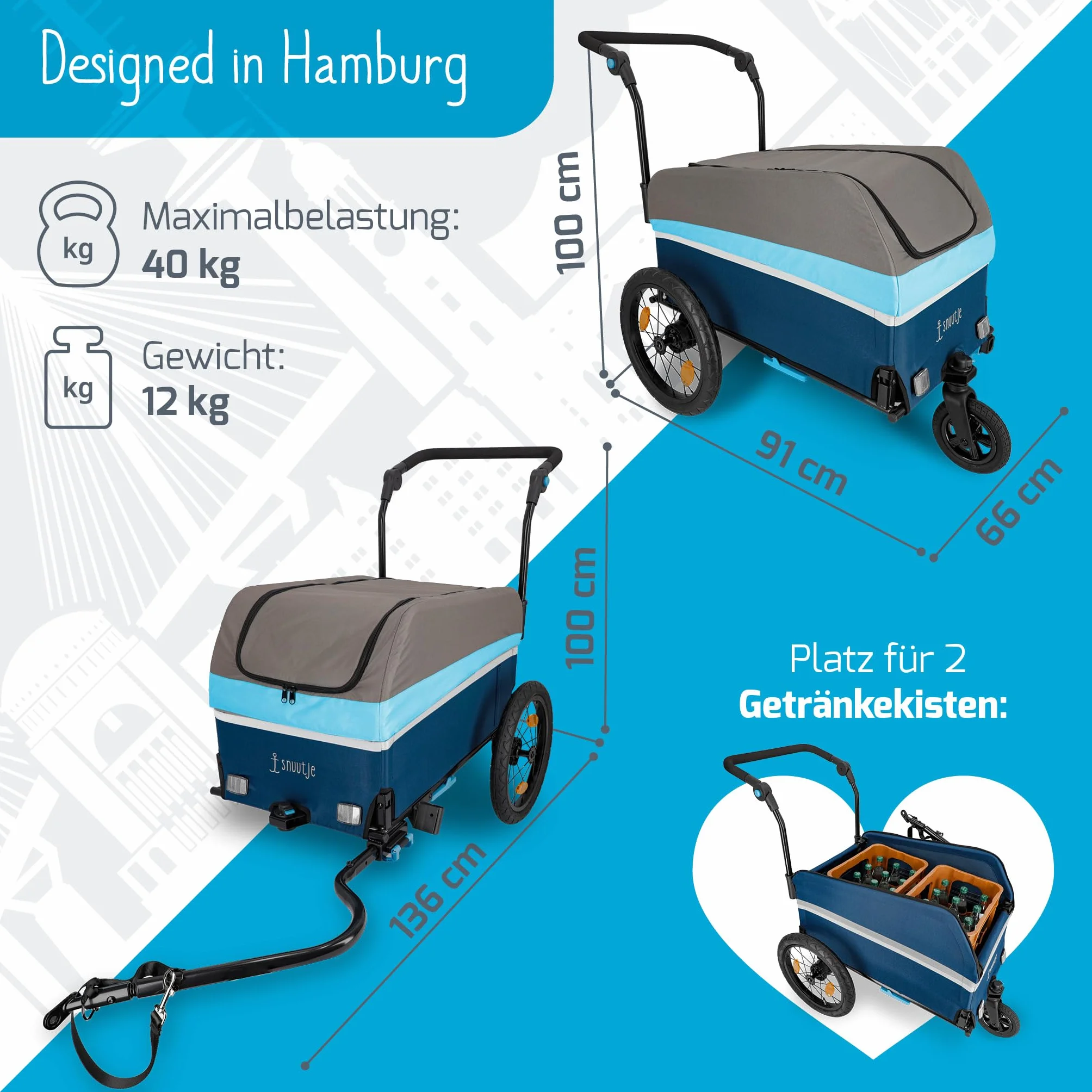 Fahrradanhänger | Lastenanhänger für Fahrrad & ebike | 40 kg Tragkraft 120 Liter | faltbar | mit Regenschutz | perfekt für Einkauf, Ausflug, Festival