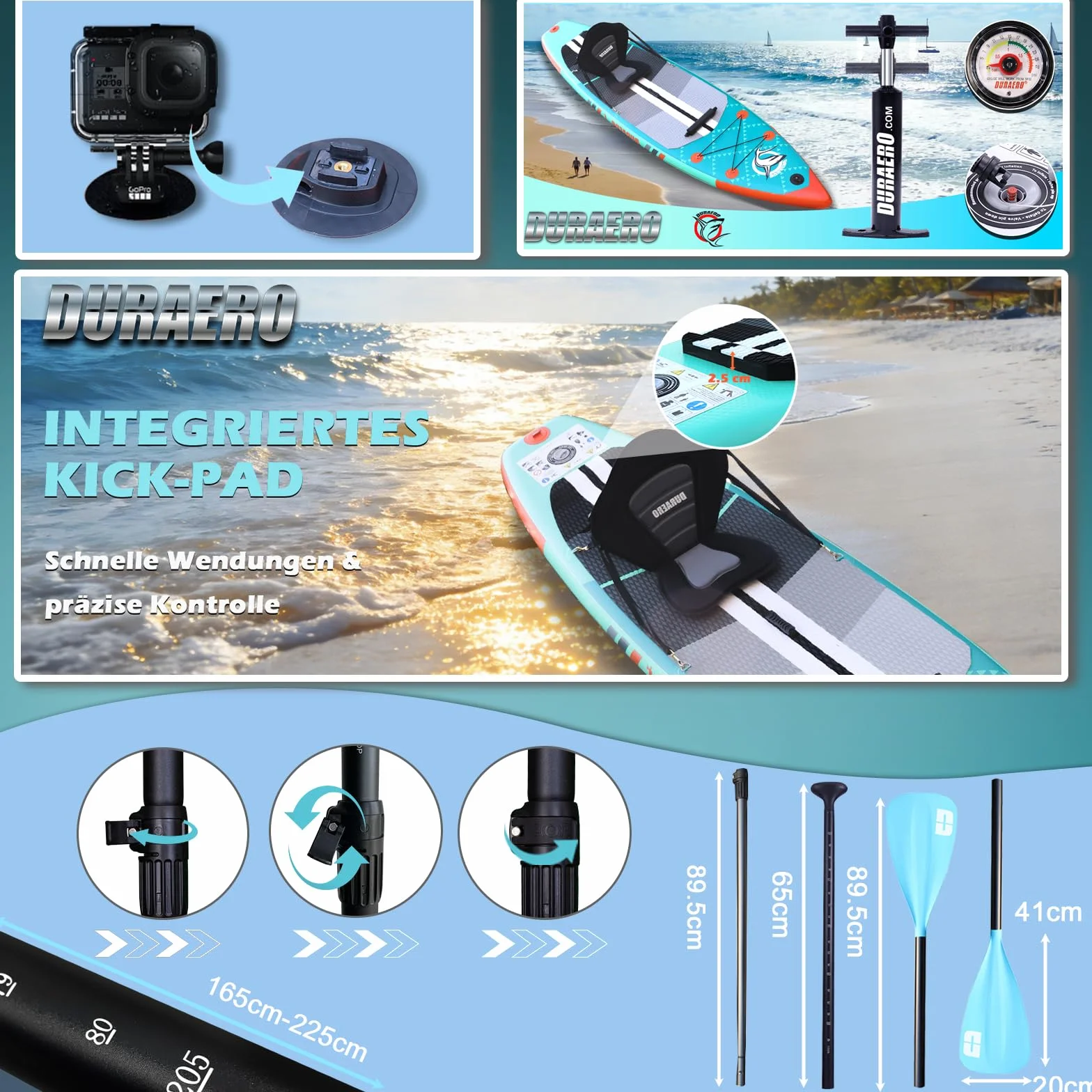 Stand up Paddling Board Aufblasbare SUP Set, Kajak Sitz,330x76x15cm, Tragkraft bis 150Kg, Cam Halterung,Integrierte Kick-Pad, 3 Finnen, Verstellbares Doppel-Paddel, Komplettes Zubehör, Mintgrün