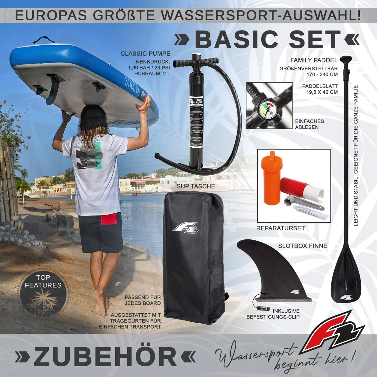 F2 Junior SUP Stand Up Paddle Board Ocean Boy 8'2''/9'2" wählbar Blau