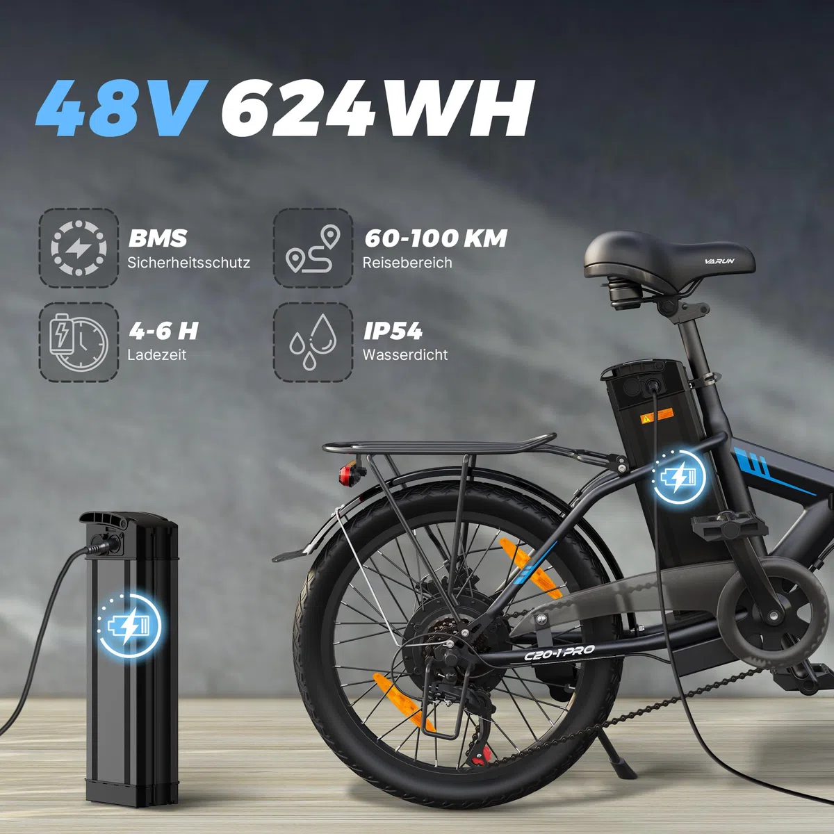 VARUN E Bike, 20 Zoll E-Bike Klapprad mit 48V 624 Wh Akku, Max 100 KM, Ebike Damen Herren mit 250W Motor, 25KM/H, 7-Gang, Elektrofahrrad City Ebike für Pendler und Camping, EU-Konformes