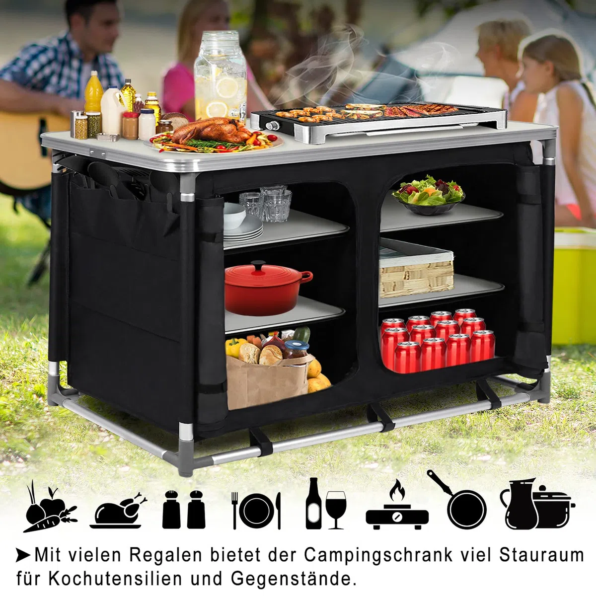LZQ Campingküche Faltbar Campingschrank Klappbar Camping Küche mit Aluminiumgestell inkl. Tragetasche, Tragbar Campingküche Schrank Zeltschrank für Camping Reisen Garten Balkon Party (Type C)