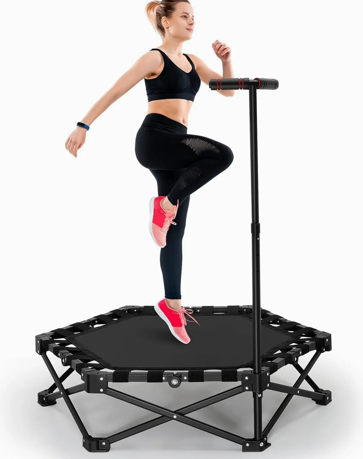 Fitness Trampolin klappbar,150KG Tragfähigkeit 3 verstellbare Handgriffstufen klappbar Tragbares mit geräuscharmes Design Stabiler&leiser Übungs-Rebounder für Kinder&Erwachsene