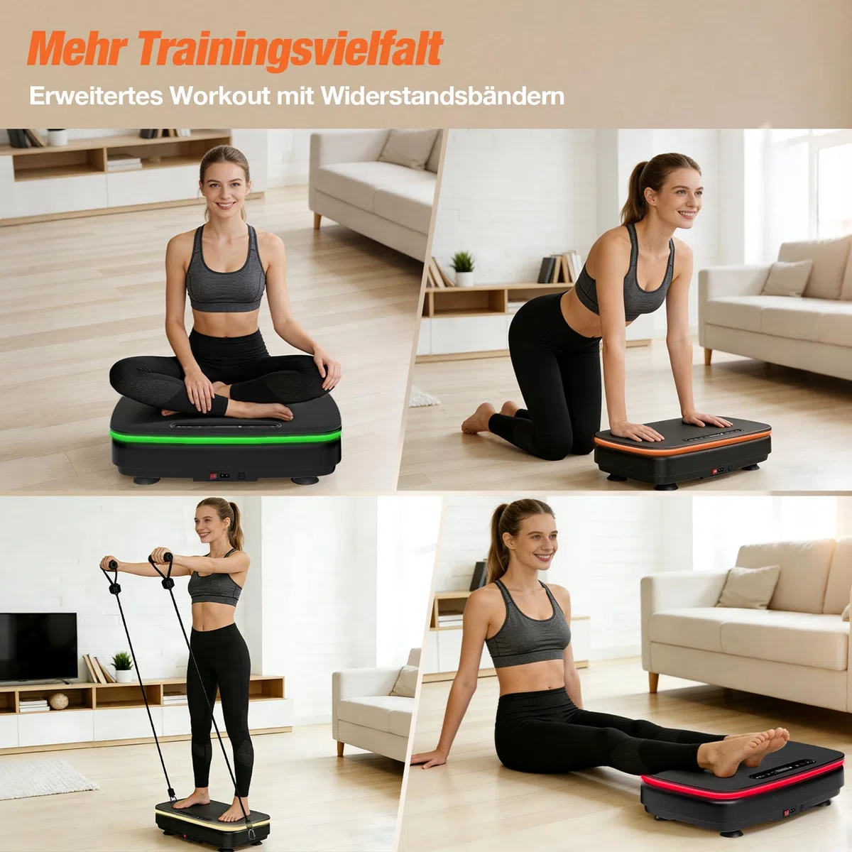 DH FitLife Vibrationsplatte für Zuhause | Rüttelplatte 0–99 Stufen mit Timer | 9 Auto-Programme | leise Schwingplatte mit Saugnäpfen | Stimmungslicht & Bluetooth Sprecher | inkl. Zugbänder | 150kg