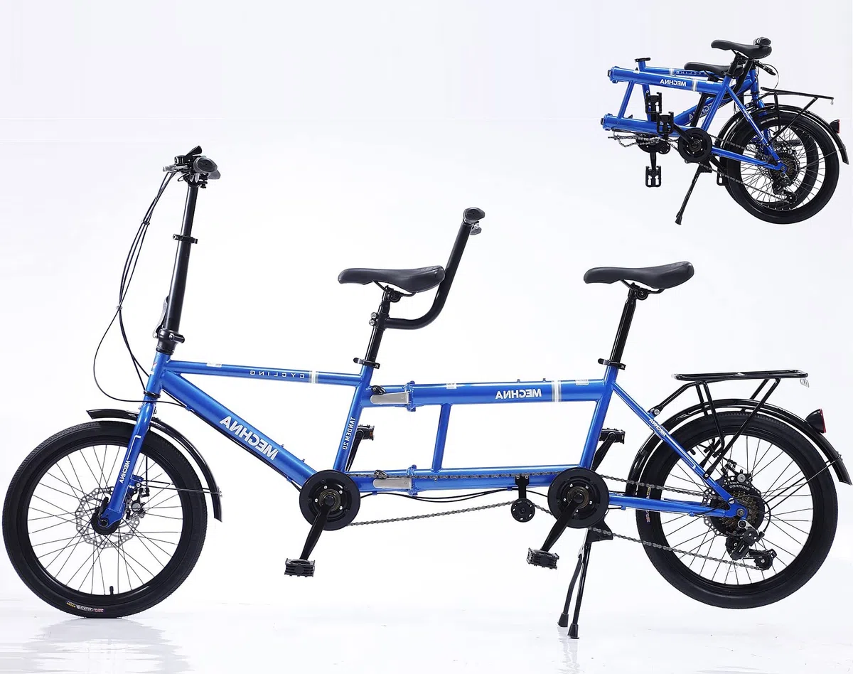 Klassisches Tandem Fahrrad - Faltbare Adult Beach Cruiser Bike mit 7 Geschwindigkeiten, Familie 3-Säseer, Blau