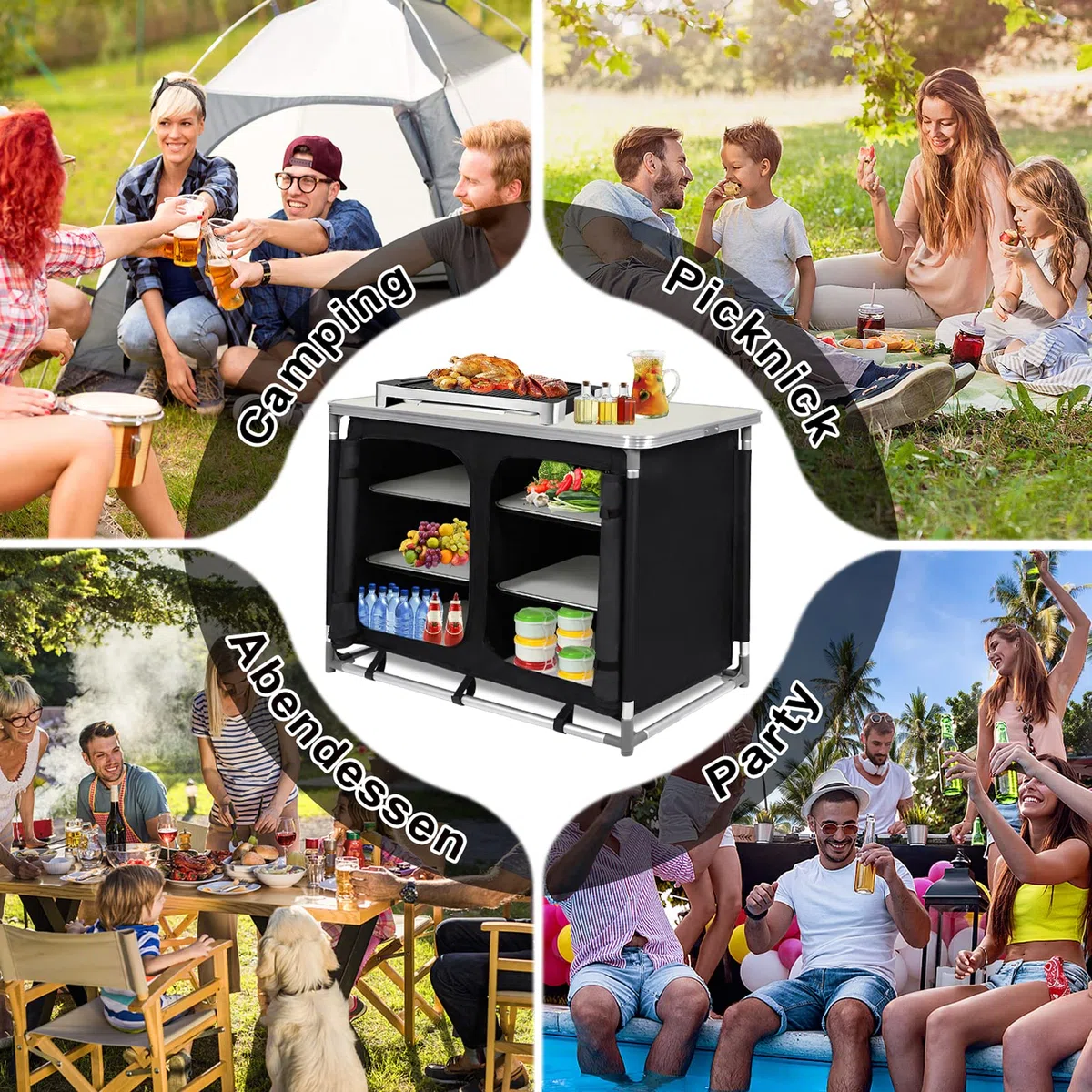 LZQ Campingküche Faltbar Campingschrank Klappbar Camping Küche mit Aluminiumgestell inkl. Tragetasche, Tragbar Campingküche Schrank Zeltschrank für Camping Reisen Garten Balkon Party (Type C)