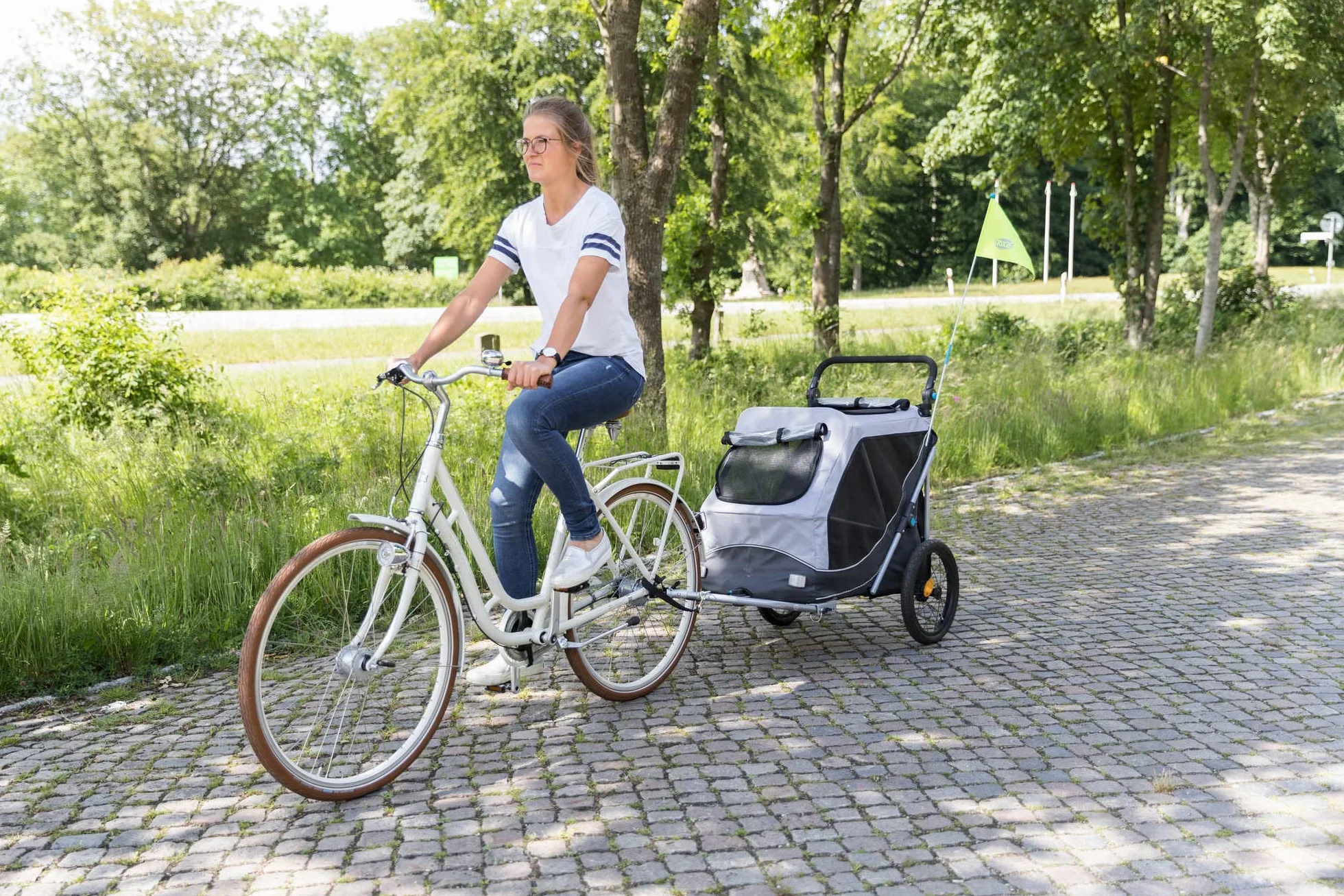 TRIXIE Hundeanhänger für das Fahrrad 46 x 50 x 67 cm bis zu 22 kg – reflektierender Hundefahrradanhänger mit praktischer Schnellfaltfunktion – mit integriertem Kissen und Leine, 12796