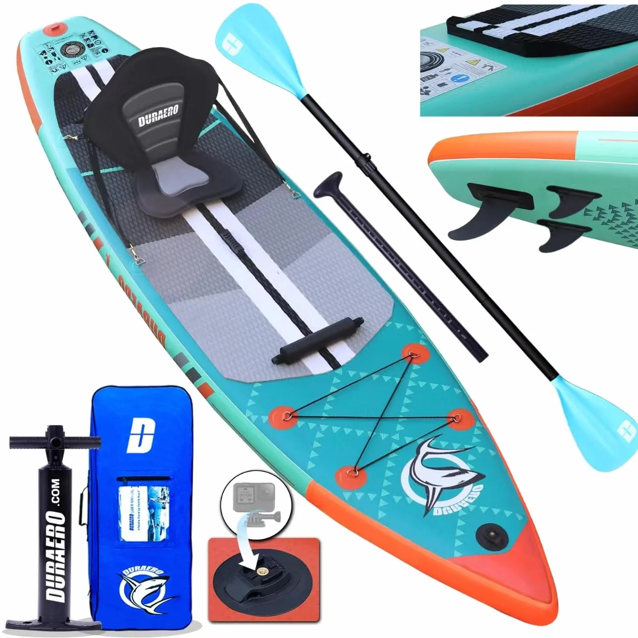 Stand up Paddling Board Aufblasbare SUP Set, Kajak Sitz,330x76x15cm, Tragkraft bis 150Kg, Cam Halterung,Integrierte Kick-Pad, 3 Finnen, Verstellbares Doppel-Paddel, Komplettes Zubehör, Mintgrün