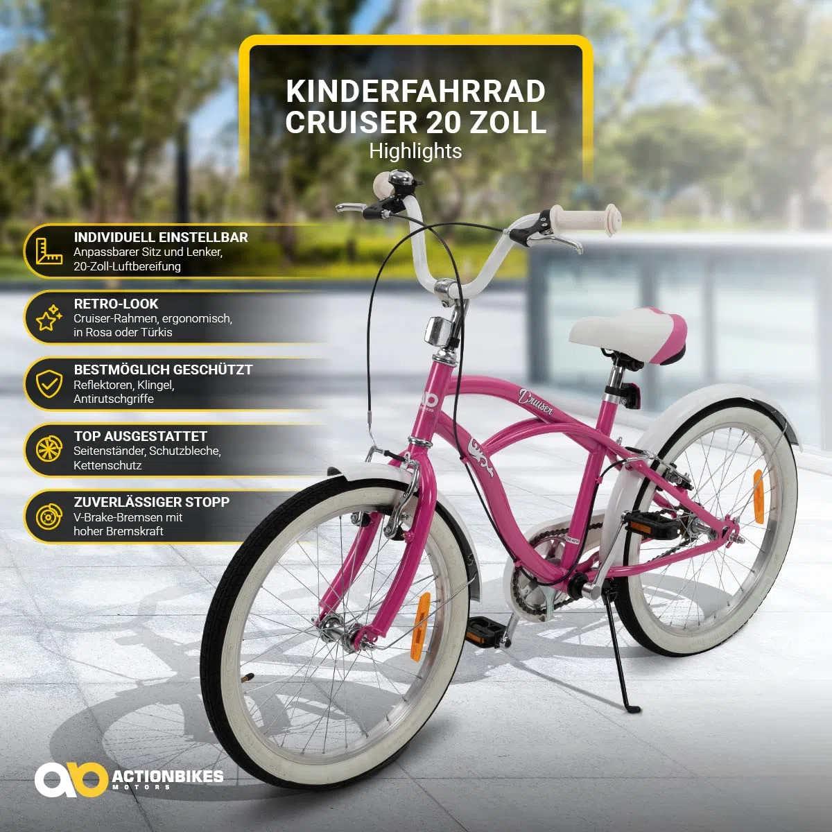 Actionbikes Kinderfahrrad Cruiser | 20 Zoll - V-Brake Bremsen - Fahrrad für Kinder von 6-9 Jahren - Schutzblech v. / h - Kinder Fahrrad für Mädchen & Jungen - Fahrräder - Bicycle - Kinderrad