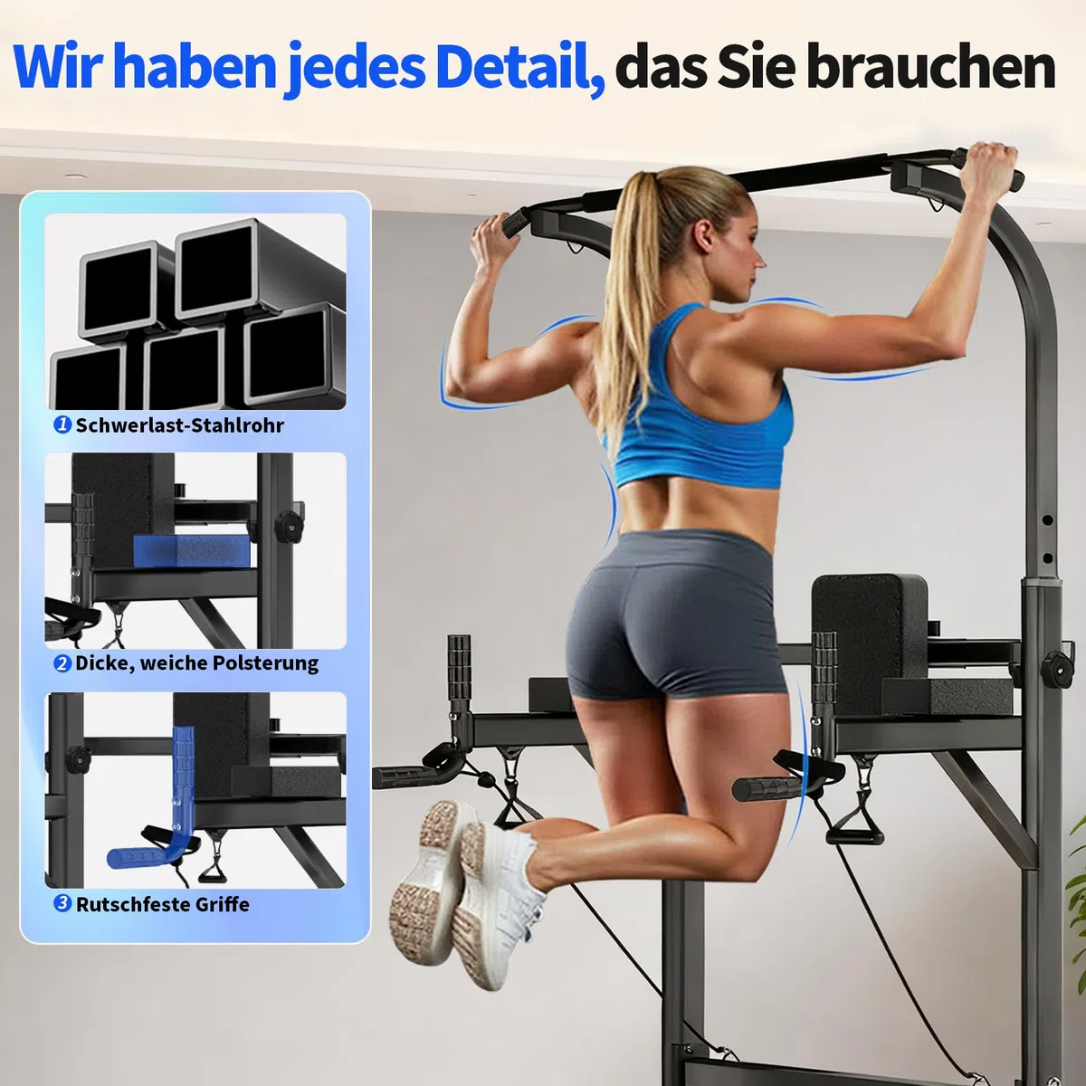 Power Tower Klimmzugstange Freistehend, Höhenverstellbar Klimmzug Dip Station Multifunktionales Heimfitness Gerät für Krafttraining und Körperübungen