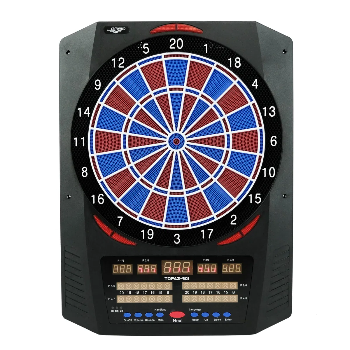 Carromco TOPAZ-901 E-Dartboard | Profi 2-Loch | Massive 761 Varianten | PREMIUM-VIELFALT: Elektronischer Dartautomat fuer 1-8 Spieler mit 40 Spielen incl Cricket. Komplett-Set mit Softdarts