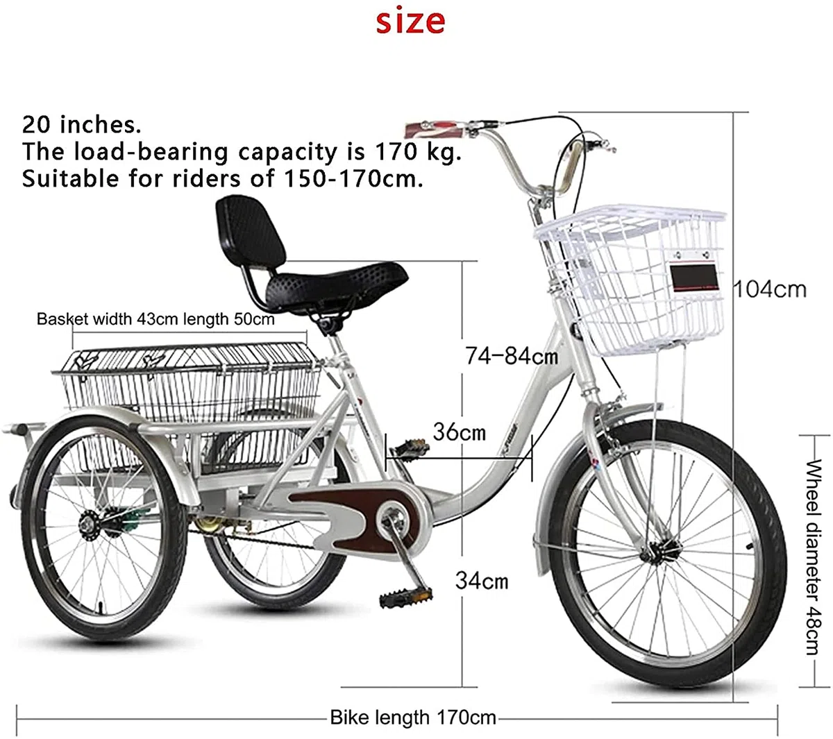 3 Rad Cargo Fahrrad mit Korb, 3-Rad-Cruiser-Trike-Fahrräder, Trike-Dreirad for Erwachsene, 20 Zoll, verstellbares 3-Rad-Fahrrad mit Doppelbremssystem und Fracht-Einkaufskorb für