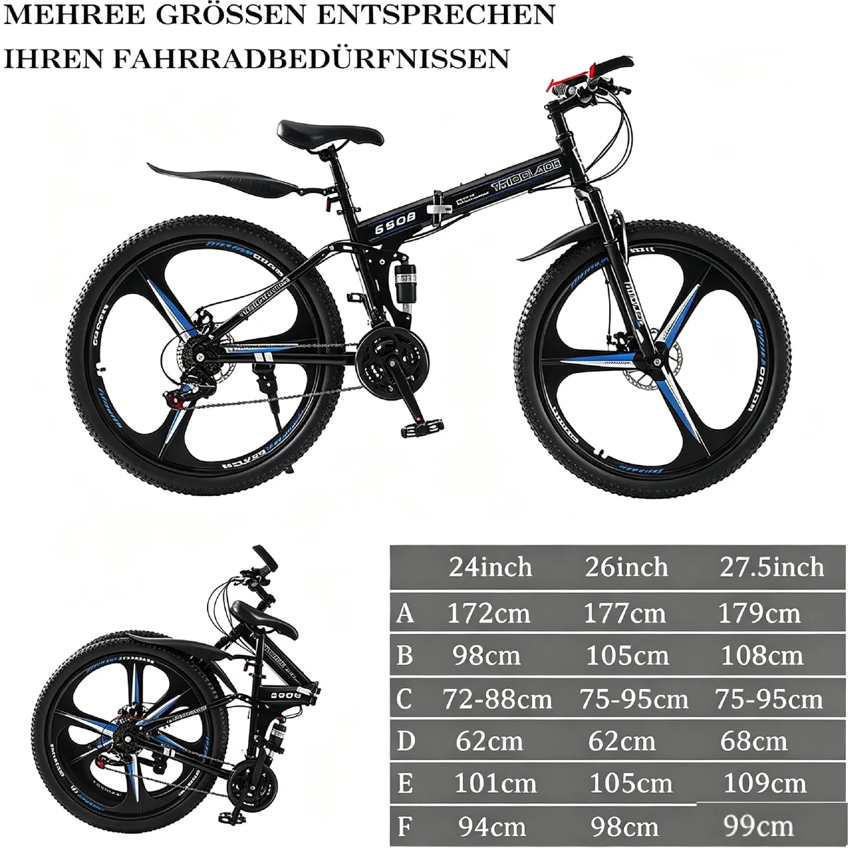 24/26/27.5 Zoll Klappbares Mountainbike, 21 Gänge MTB Fahrrad mit High-Carbon Stahlrahmen, Doppel Scheibenbremsen 21 Gang Schaltung Vollfederung, Herrenrad Damenrad