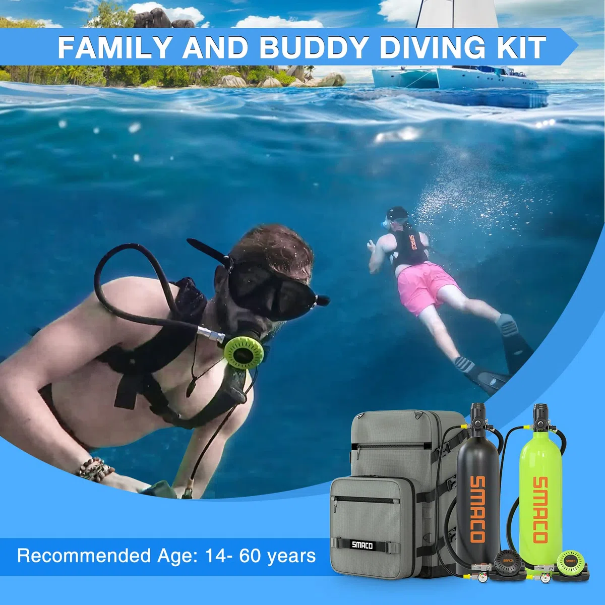 SMACO Mini Tauchflasche 2L Sauerstoffflasche Tauchen Mini (2 Stück) Kleine Taucherflasche für Unterwasseratmung Tauchen Sauerstofftank Taucher Set Tauchausrüstung für Familie und Kumpels S700 Plus