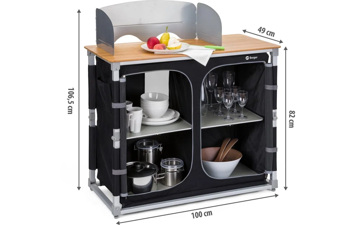 Küchenbox Deluxe für Camping – Faltbar mit 4 Staufächern, spritzwassergeschützte Bambus-Arbeitsplatte, Tragetasche, Outdoor Campingschrank, mobile Kochstation für Camping und Outdoor-Aktivitäten