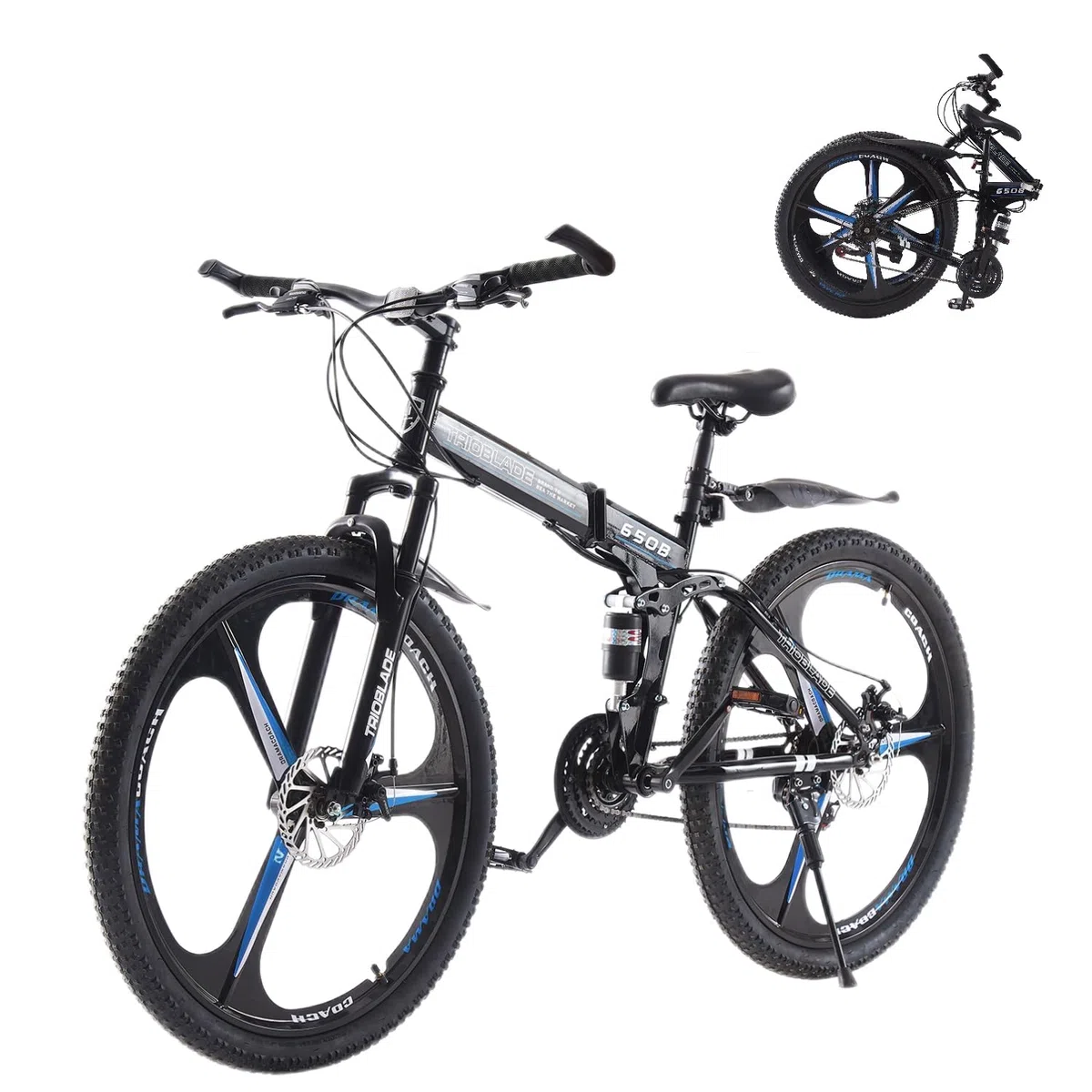 24/26/27.5 Zoll Klappbares Mountainbike, 21 Gänge MTB Fahrrad mit High-Carbon Stahlrahmen, Doppel Scheibenbremsen 21 Gang Schaltung Vollfederung, Herrenrad Damenrad
